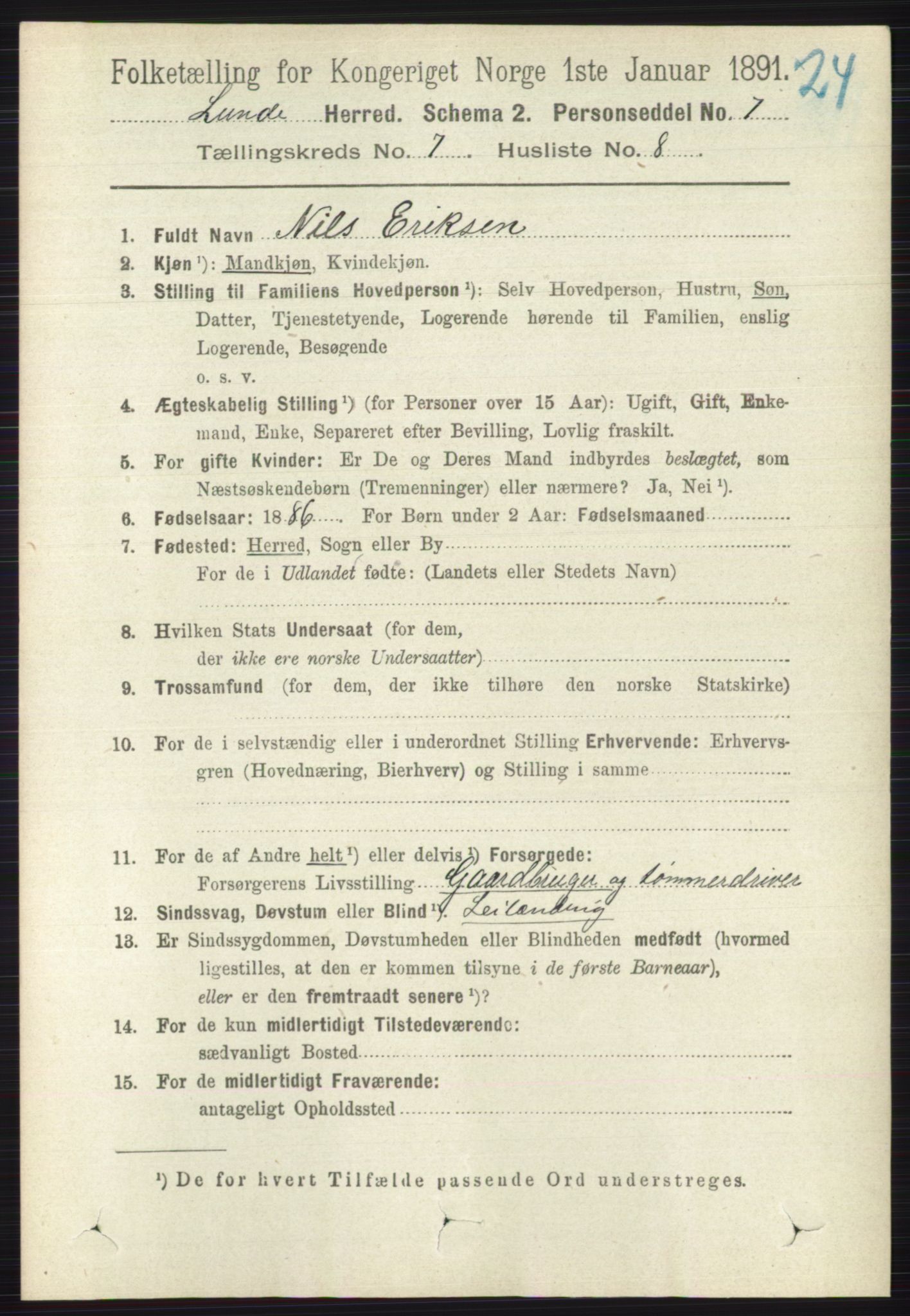 RA, 1891 census for 0820 Lunde, 1891, p. 2251