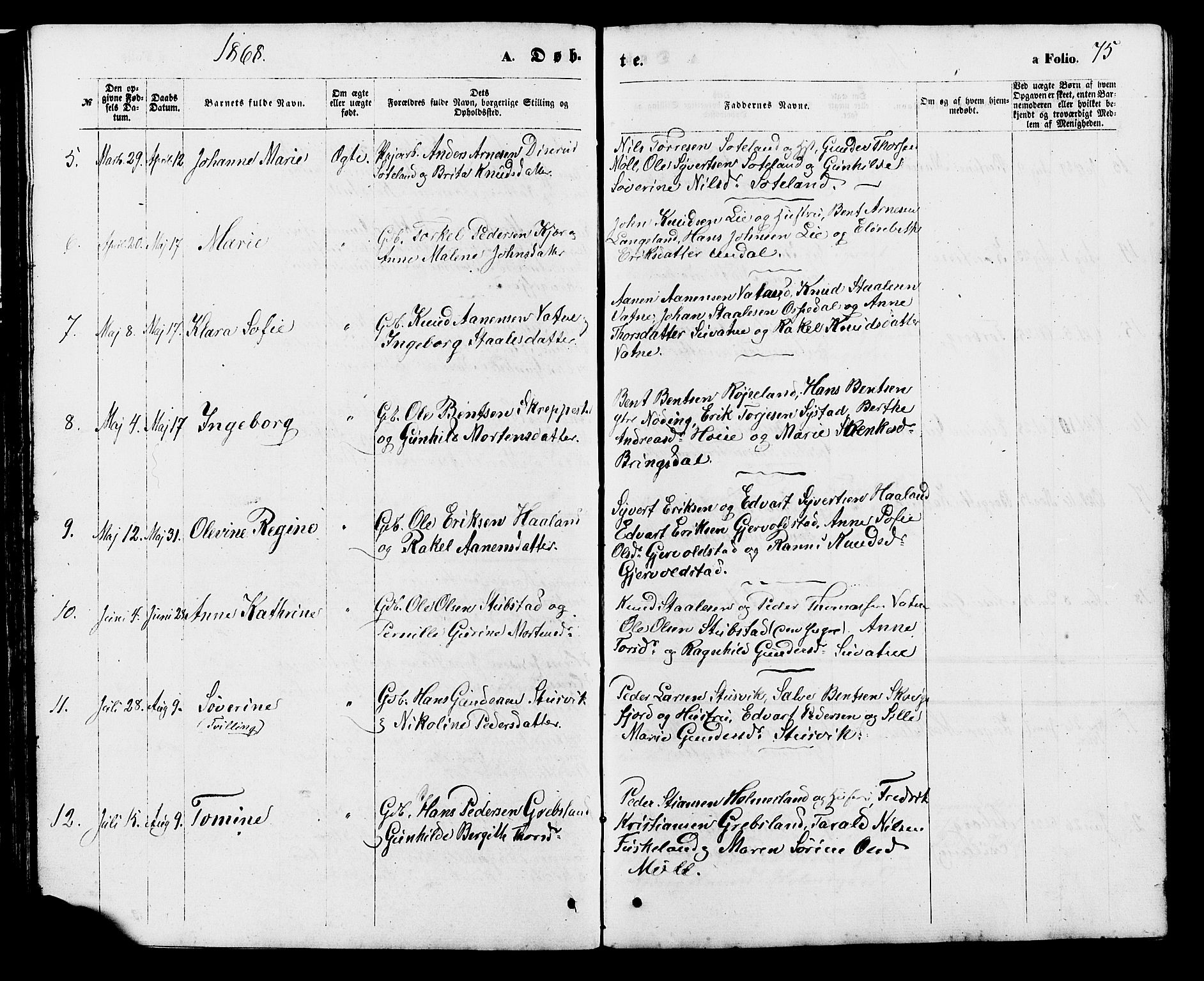 Holum sokneprestkontor, SAK/1111-0022/F/Fb/Fba/L0004: Parish register (copy) no. B 4, 1867-1890, p. 75