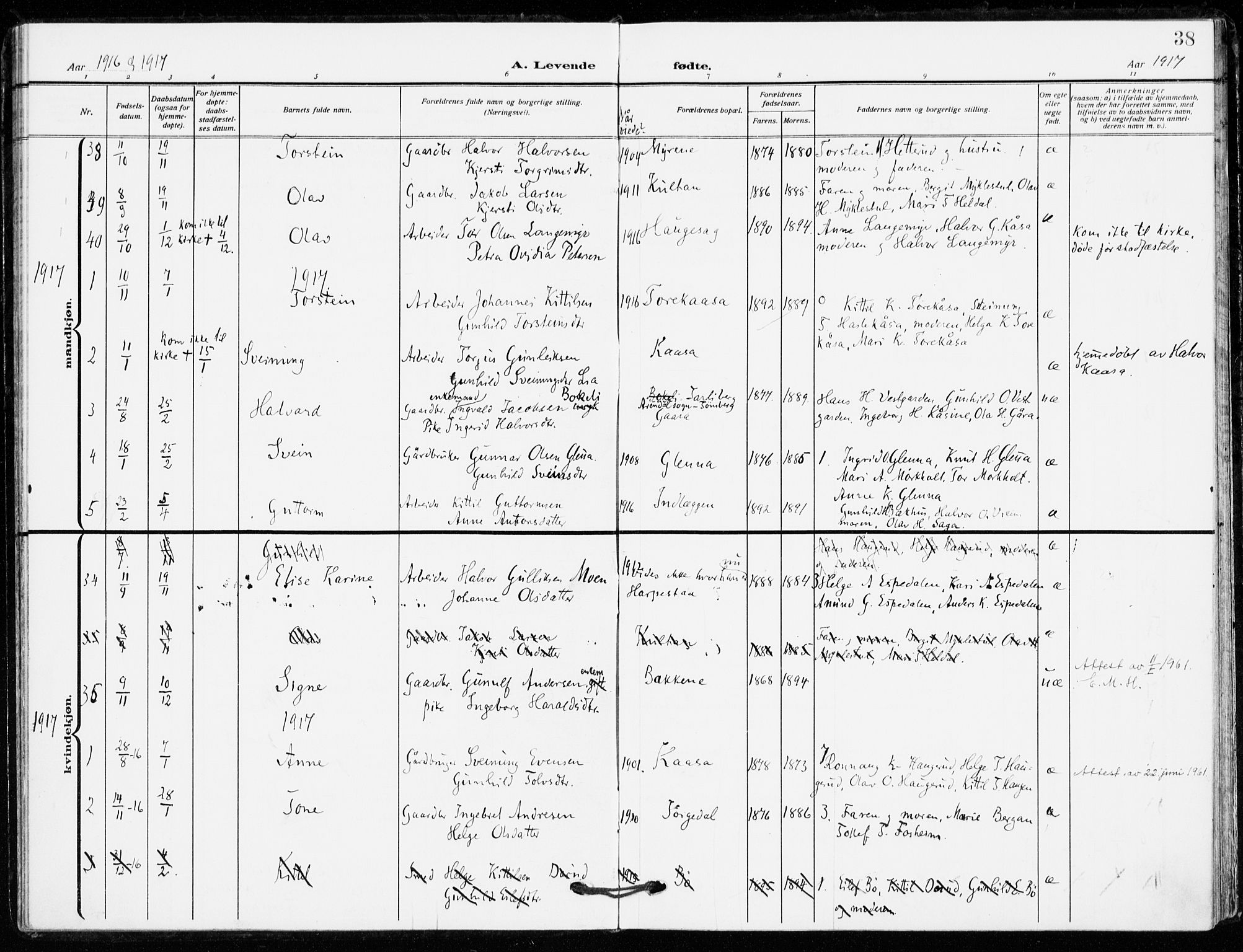 Bø kirkebøker, AV/SAKO-A-257/F/Fa/L0013: Parish register (official) no. 13, 1909-1921, p. 38