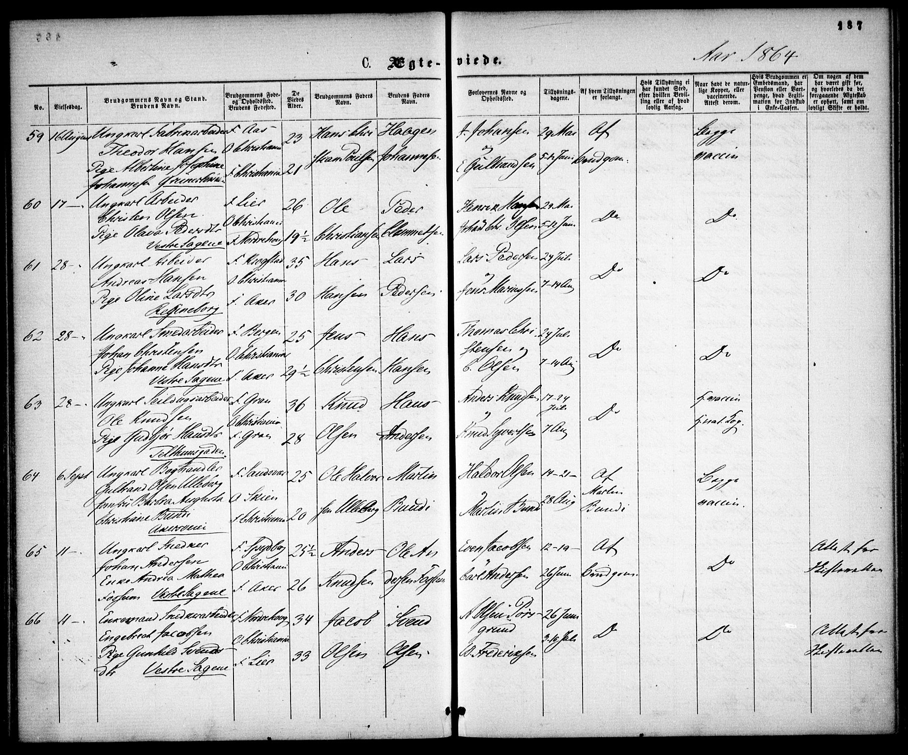 Gamle Aker prestekontor Kirkebøker, SAO/A-10617a/F/L0001: Parish register (official) no. 1, 1861-1865, p. 187