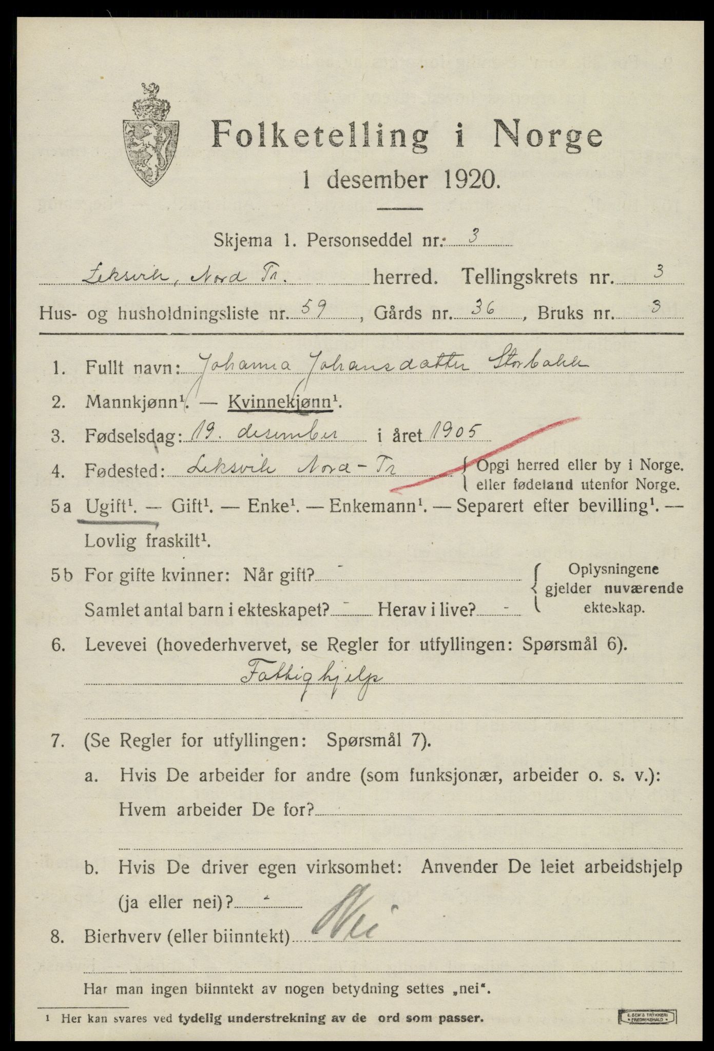 SAT, 1920 census for Leksvik, 1920, p. 3484