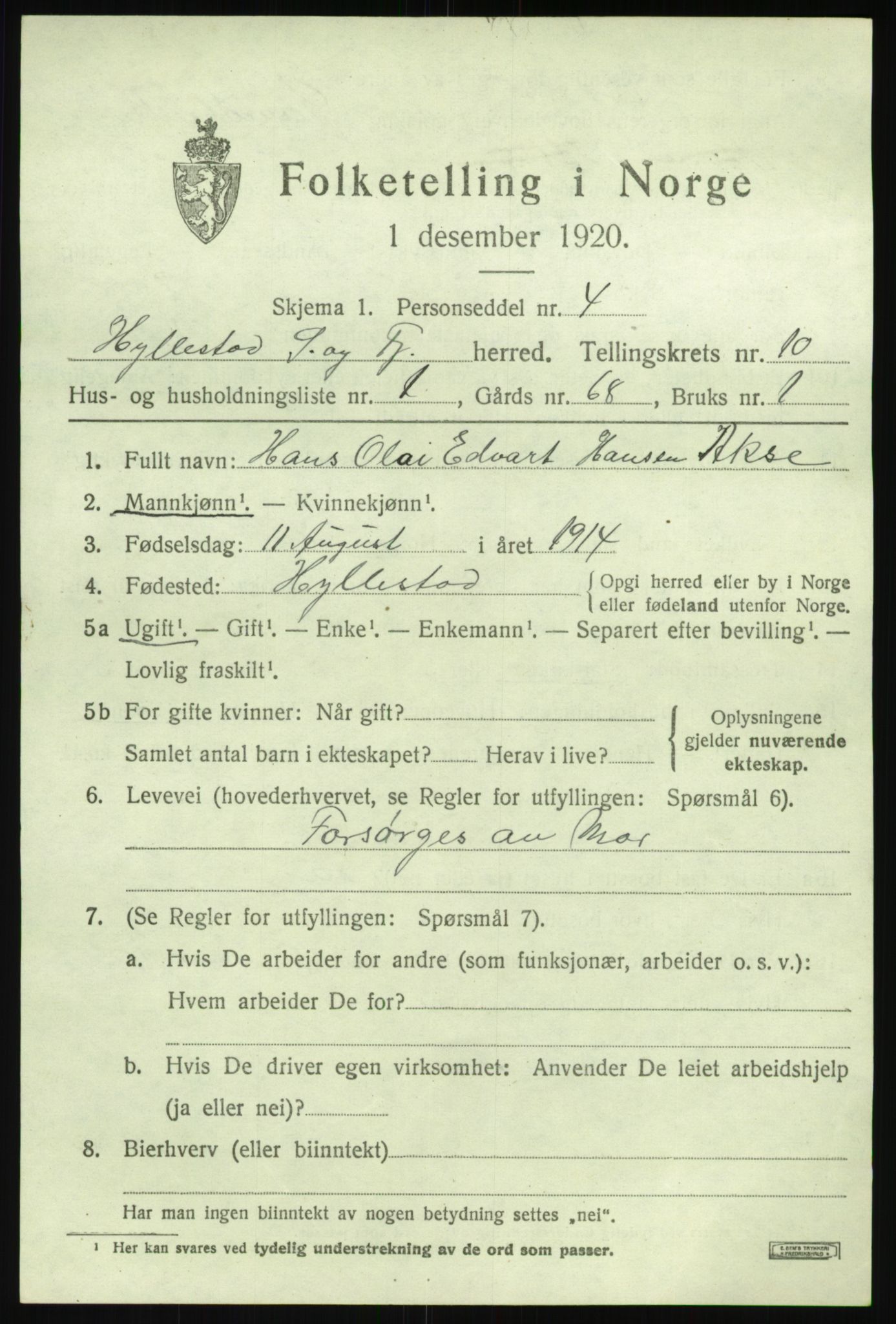 SAB, 1920 census for Hyllestad, 1920, p. 3818