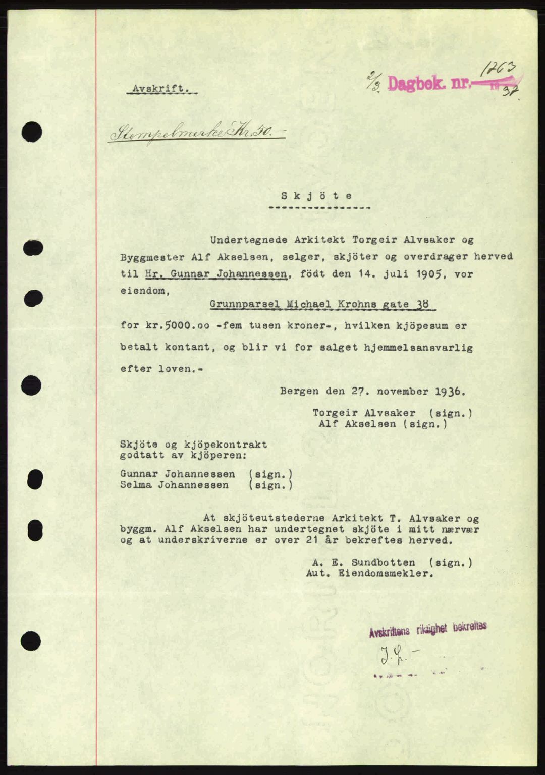 Byfogd og Byskriver i Bergen, AV/SAB-A-3401/03/03Bc/L0004: Mortgage book no. A3-4, 1936-1937, Diary no: : 1763/1937