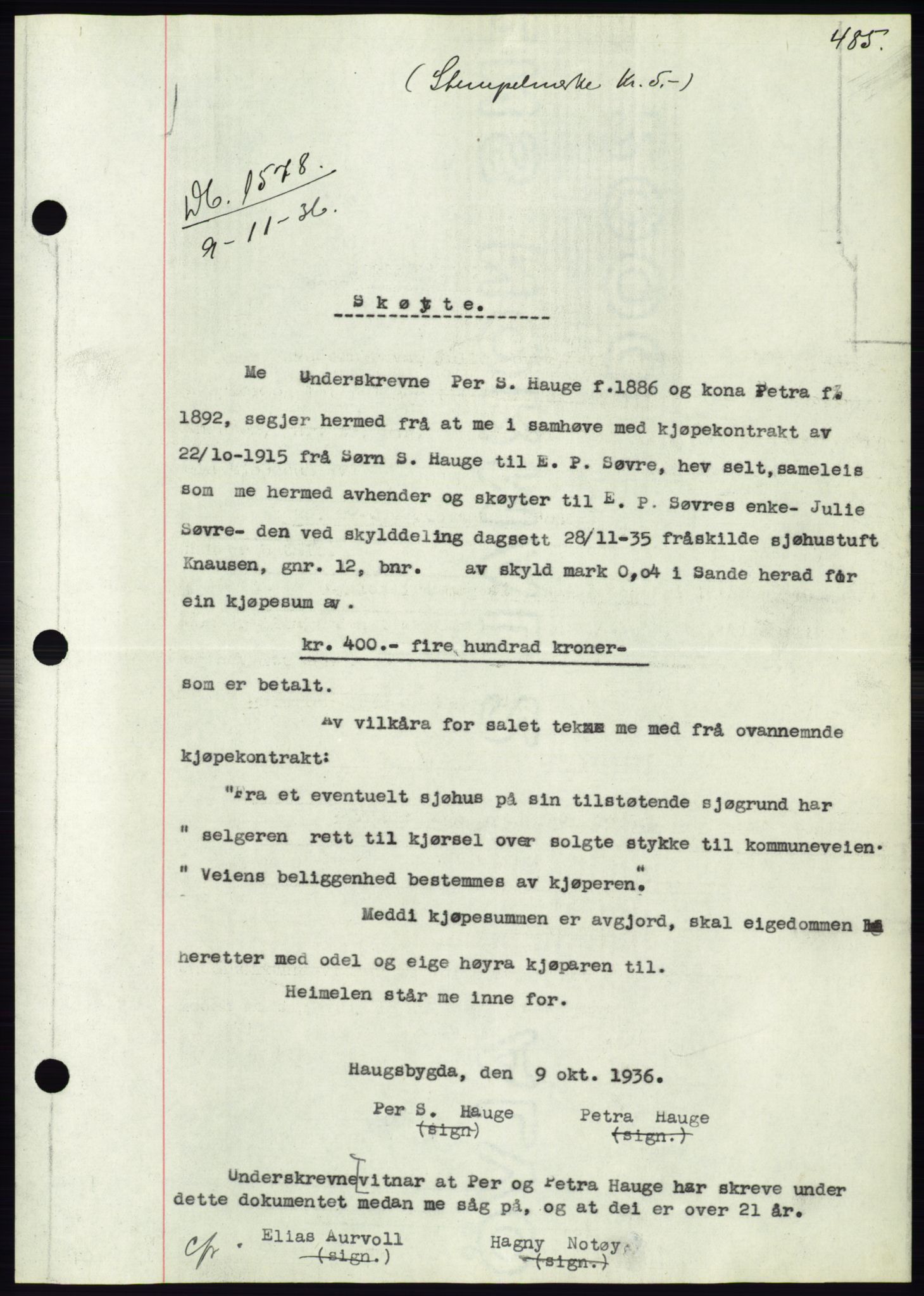 Søre Sunnmøre sorenskriveri, AV/SAT-A-4122/1/2/2C/L0061: Mortgage book no. 55, 1936-1936, Diary no: : 1578/1936