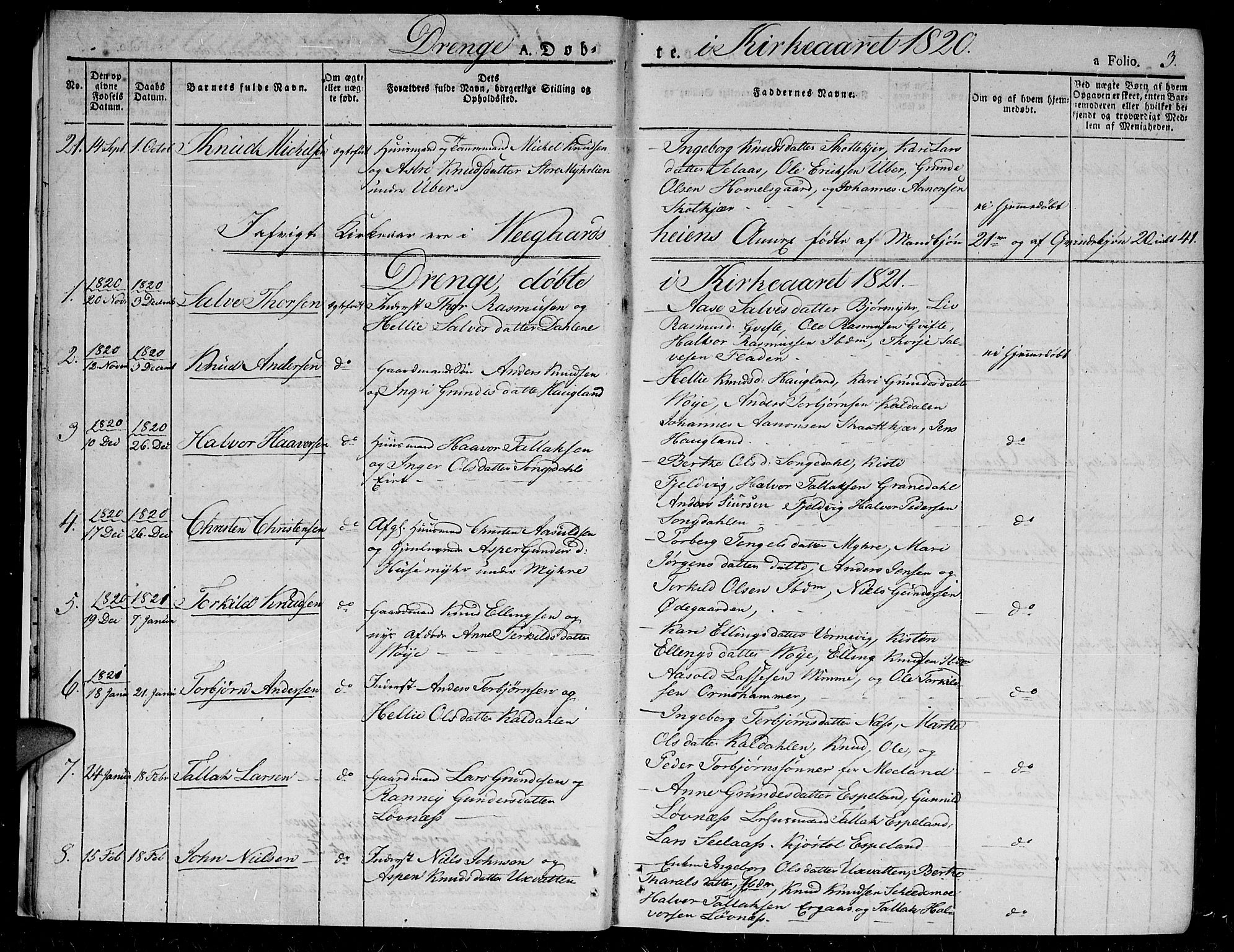Gjerstad sokneprestkontor, SAK/1111-0014/F/Fa/Fab/L0001: Parish register (official) no. A 1, 1820-1835, p. 3