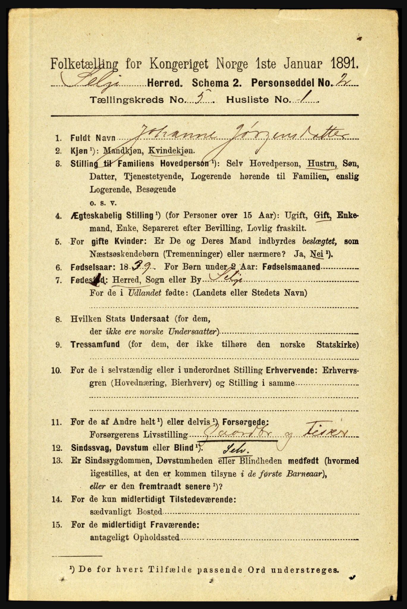 RA, 1891 census for 1441 Selje, 1891, p. 1399