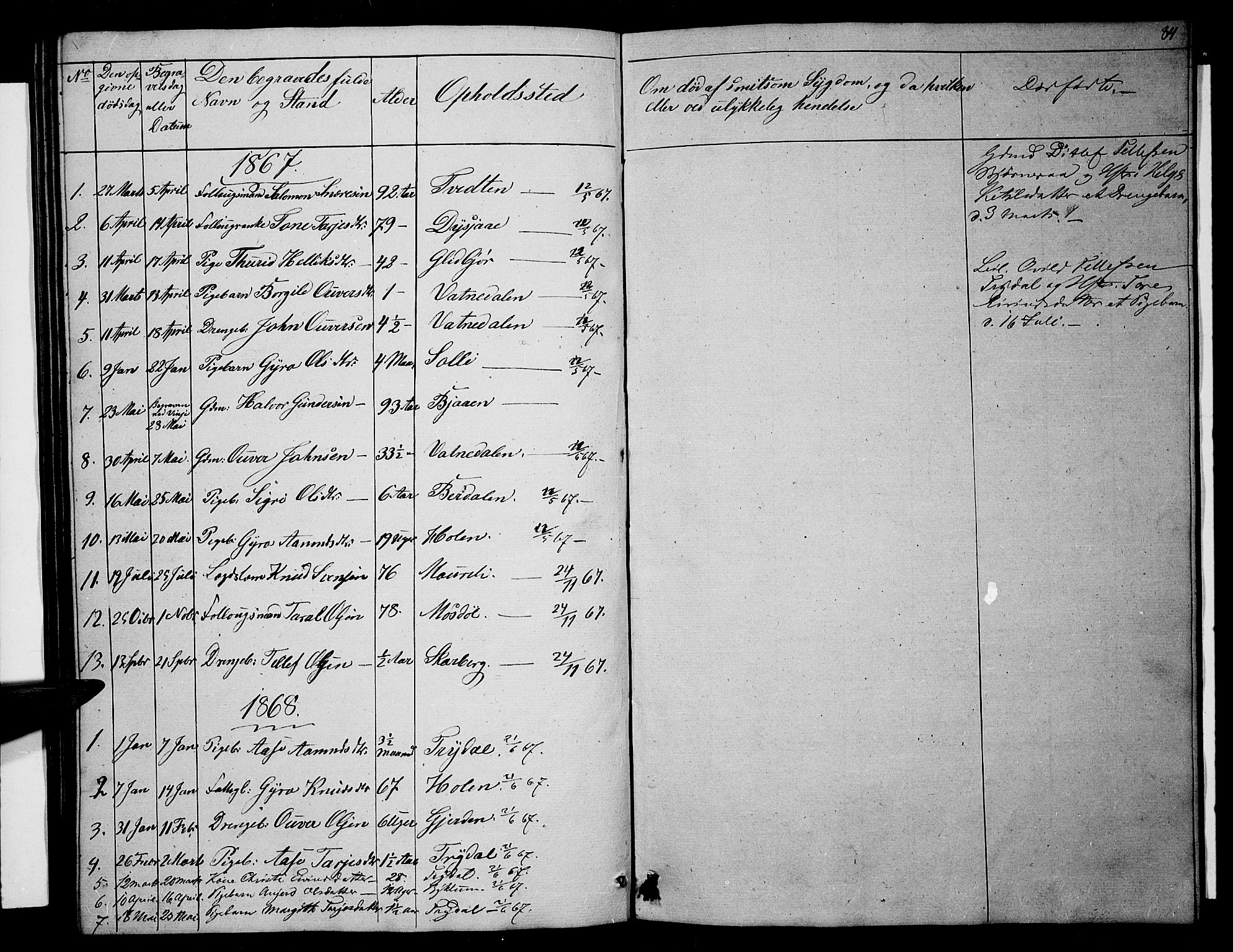 Valle sokneprestkontor, AV/SAK-1111-0044/F/Fb/Fba/L0001: Parish register (copy) no. B 1, 1851-1882, p. 84