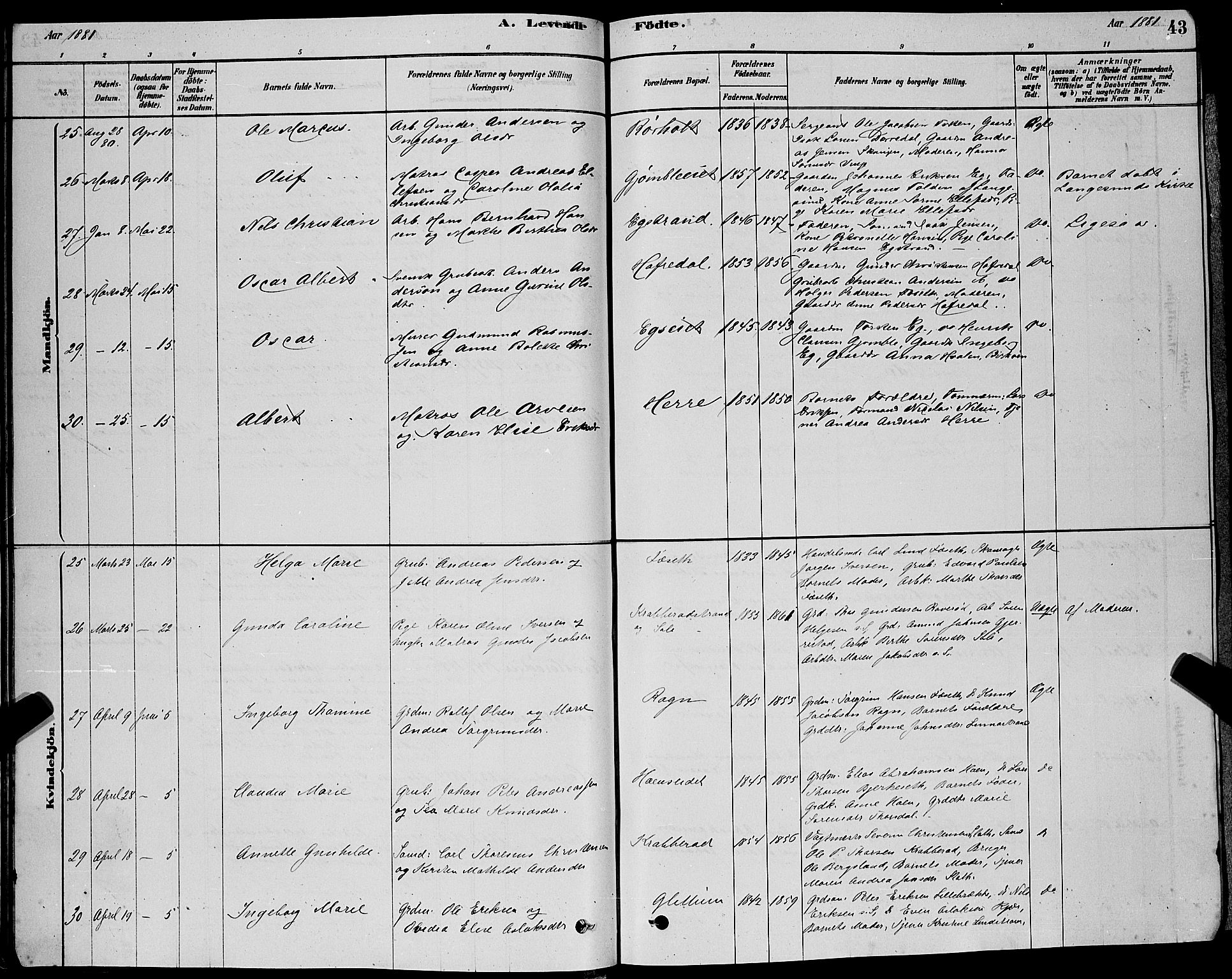 Bamble kirkebøker, AV/SAKO-A-253/G/Ga/L0008: Parish register (copy) no. I 8, 1878-1888, p. 43