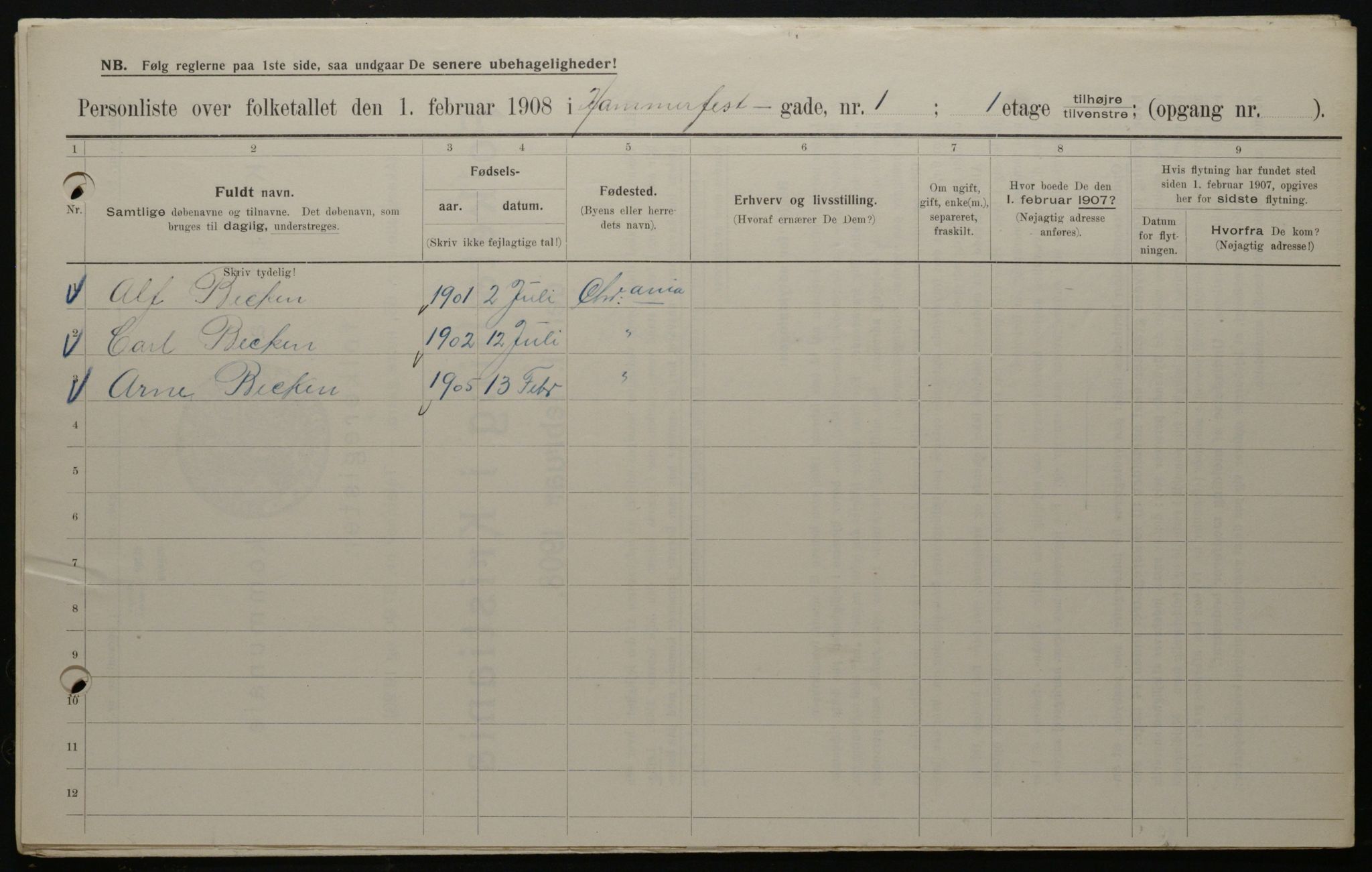 OBA, Municipal Census 1908 for Kristiania, 1908, p. 30852