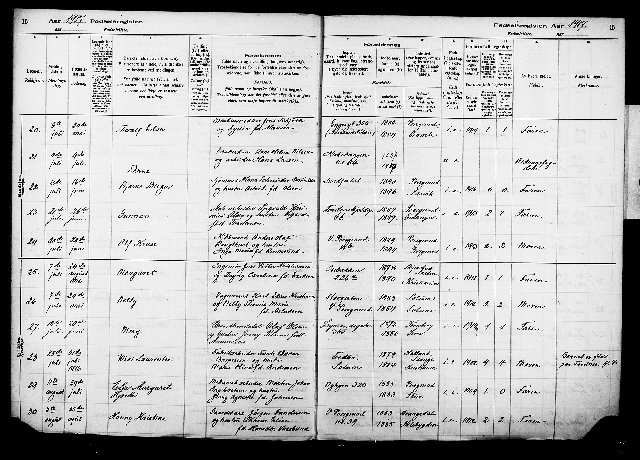 Porsgrunn kirkebøker , AV/SAKO-A-104/J/Ja/L0001: Birth register no. 1, 1916-1929, p. 15