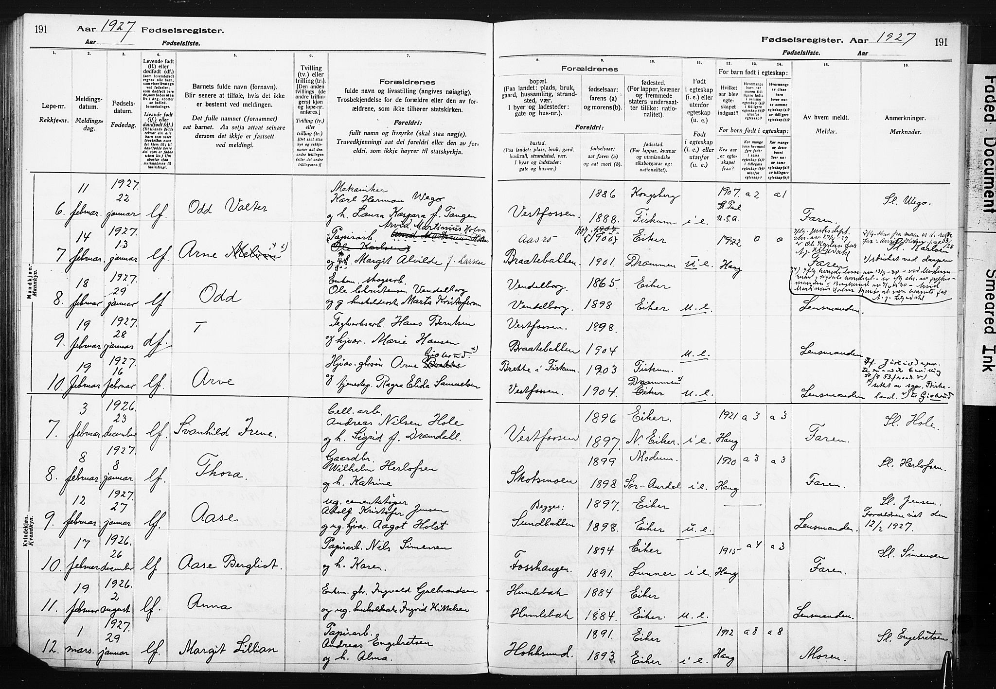 Eiker kirkebøker, SAKO/A-4/J/Ja/L0001: Birth register no. 1, 1916-1927, p. 191