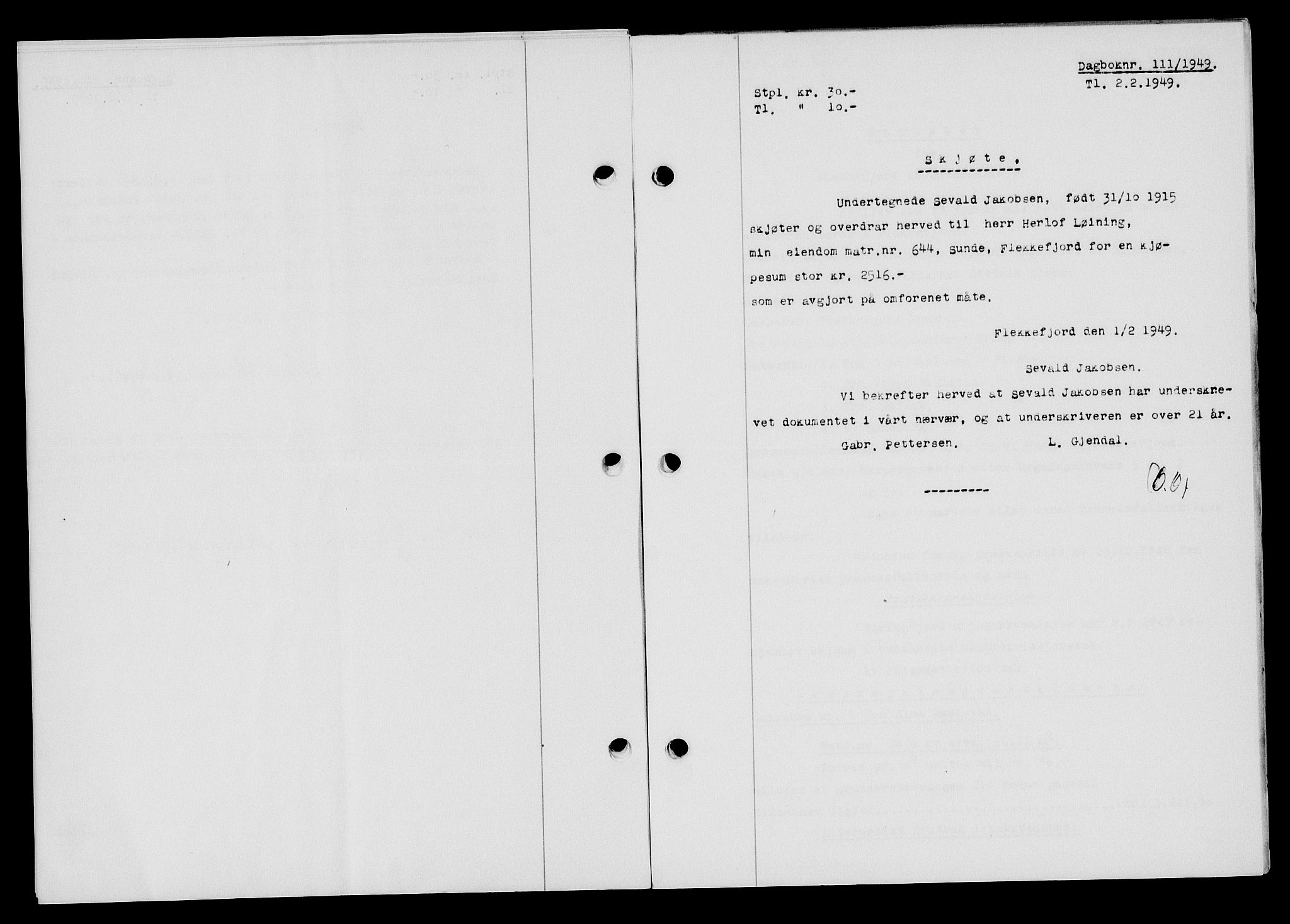 Flekkefjord sorenskriveri, AV/SAK-1221-0001/G/Gb/Gba/L0064: Mortgage book no. A-12, 1948-1949, Diary no: : 111/1949