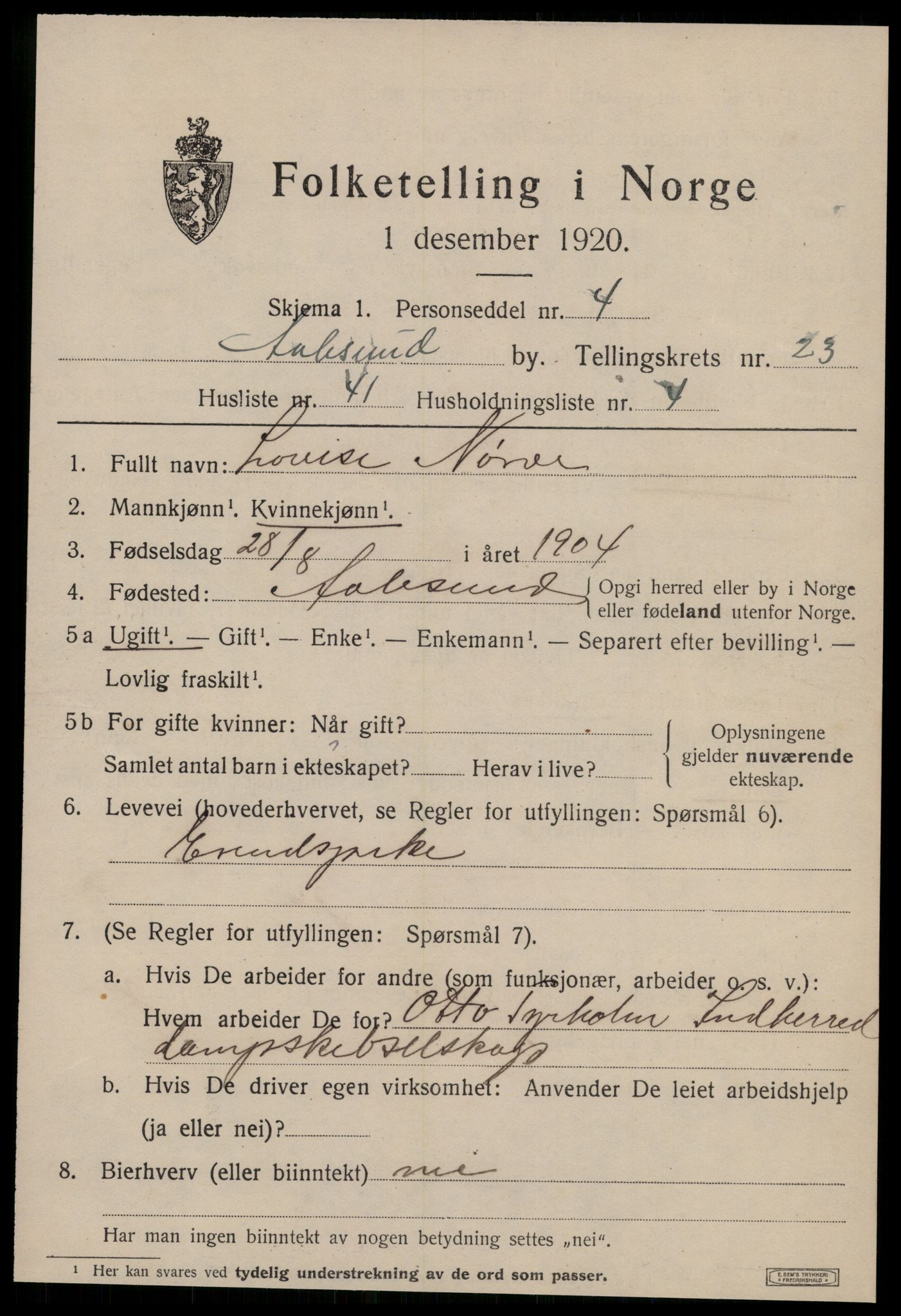 SAT, 1920 census for Ålesund, 1920, p. 43216