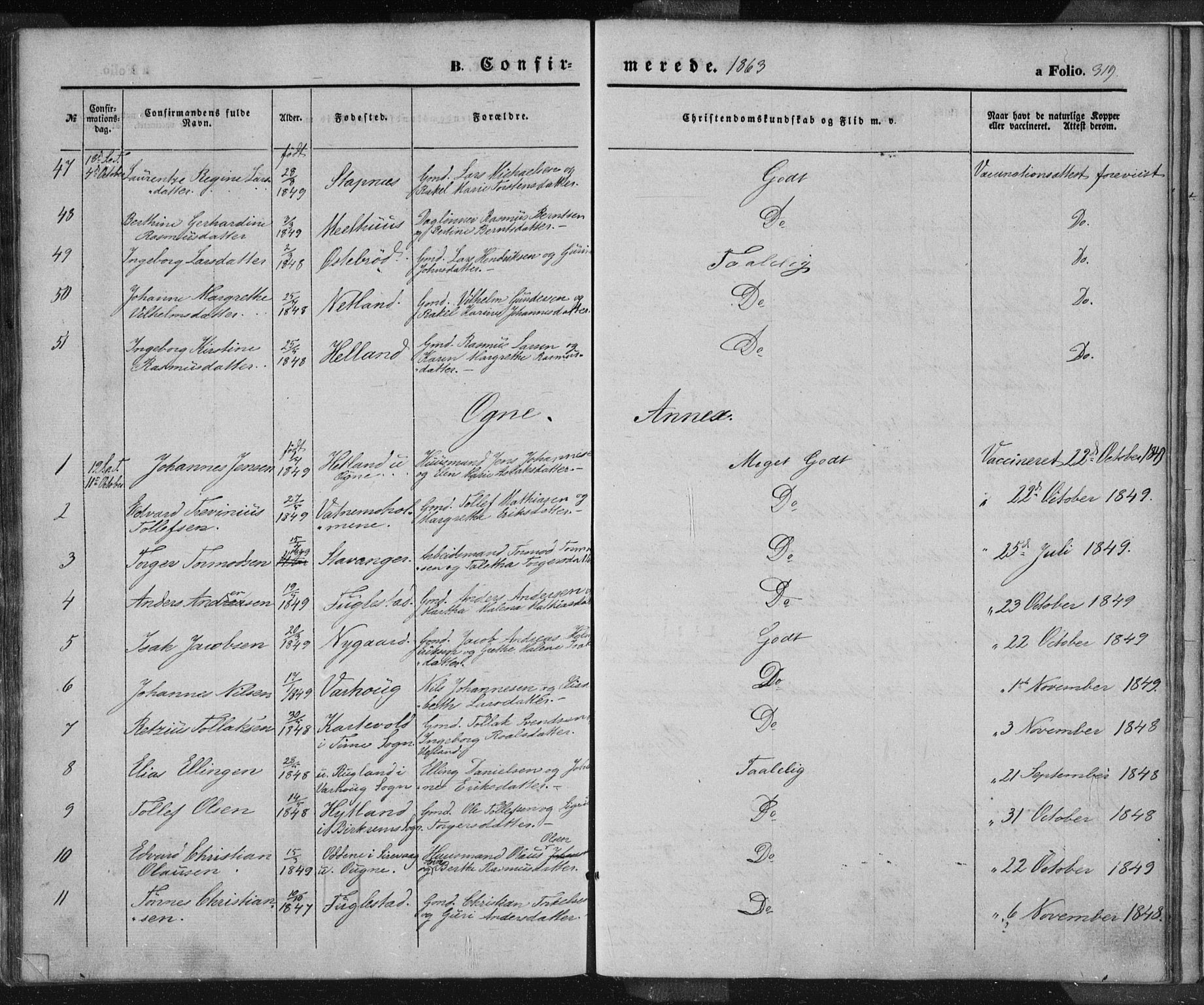 Eigersund sokneprestkontor, AV/SAST-A-101807/001/30/30BA/L0012: Parish register (official) no. A 12.1, 1850-1865, p. 319