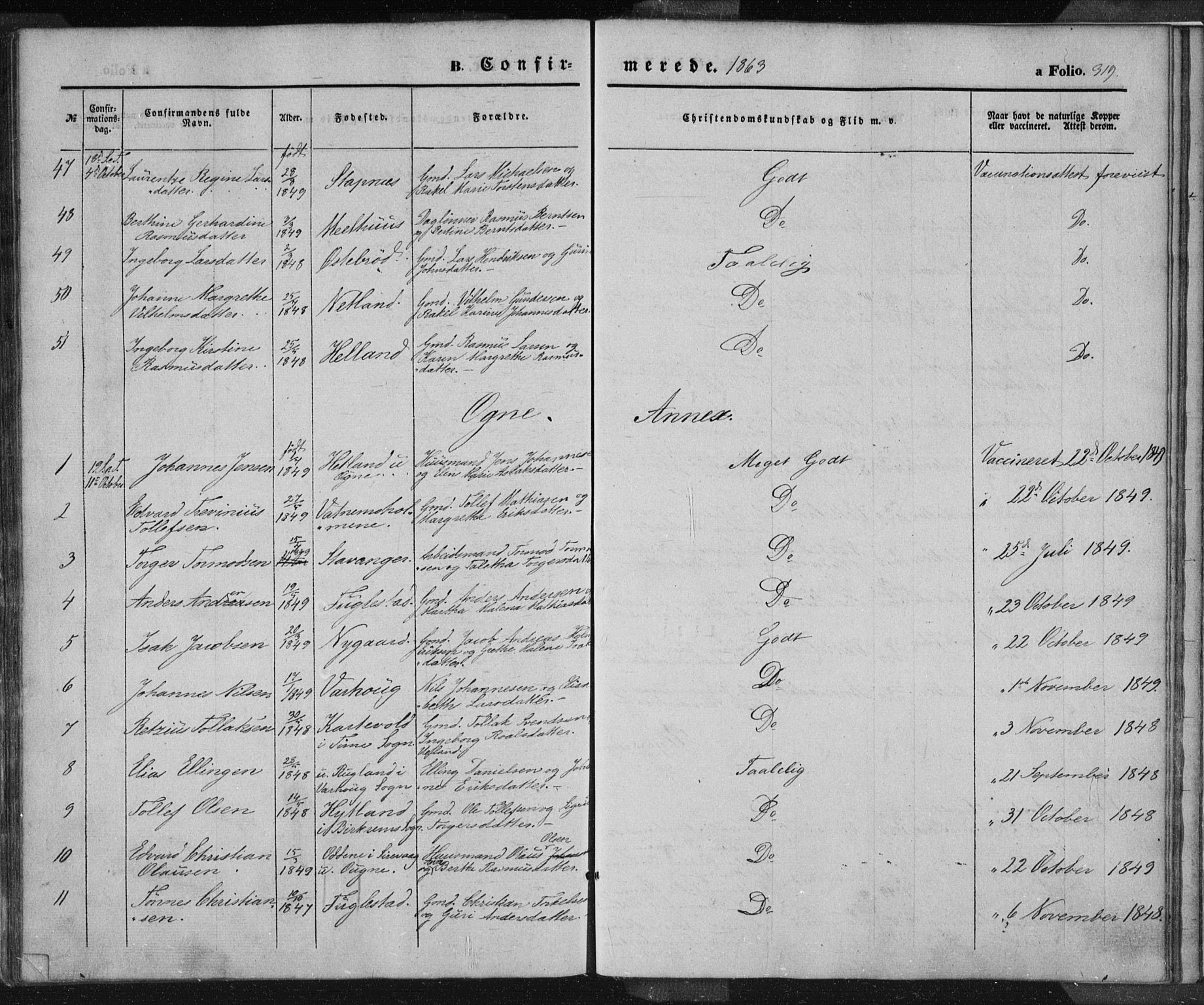 Eigersund sokneprestkontor, SAST/A-101807/S08/L0012: Parish register (official) no. A 12.1, 1850-1865, p. 319