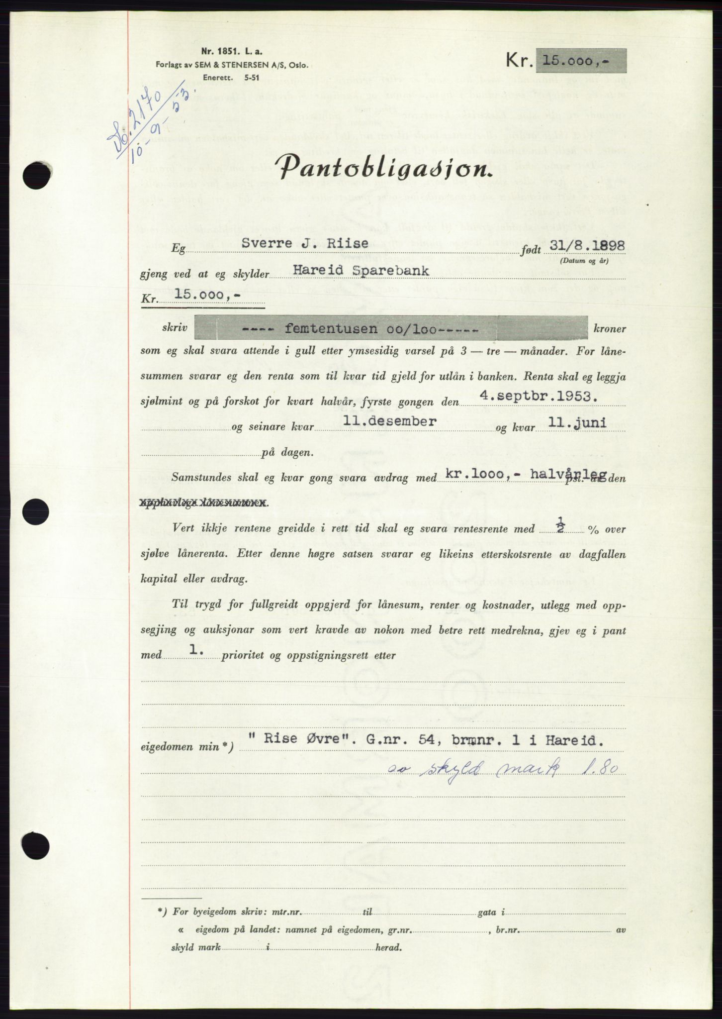 Søre Sunnmøre sorenskriveri, AV/SAT-A-4122/1/2/2C/L0123: Mortgage book no. 11B, 1953-1953, Diary no: : 2170/1953