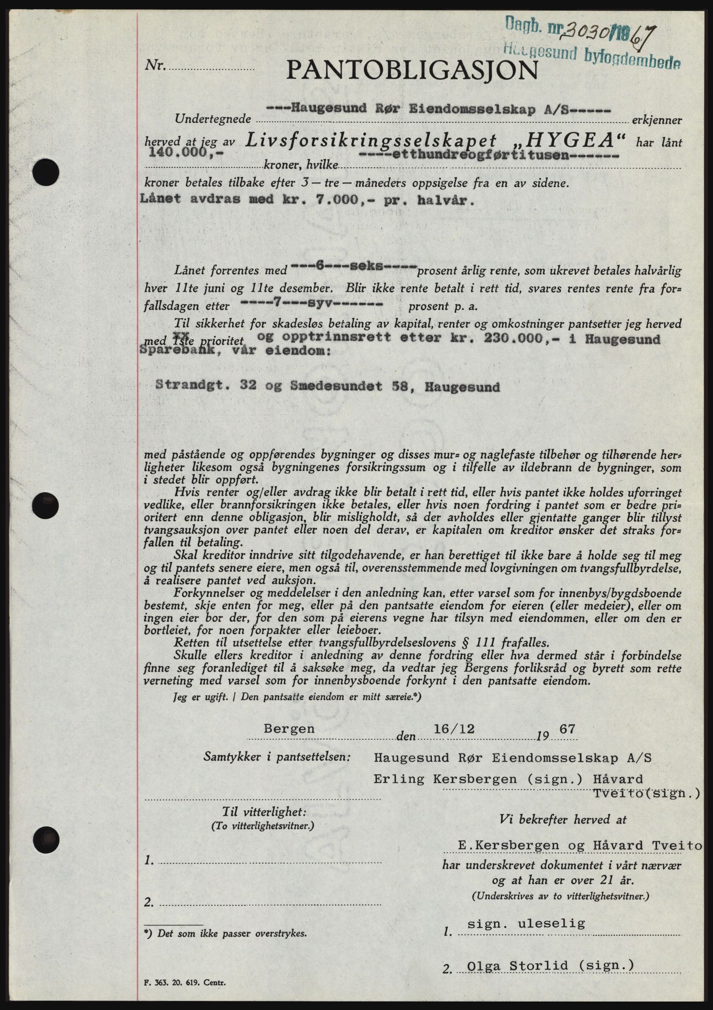 Haugesund tingrett, SAST/A-101415/01/II/IIC/L0058: Mortgage book no. B 58, 1967-1968, Diary no: : 3030/1967