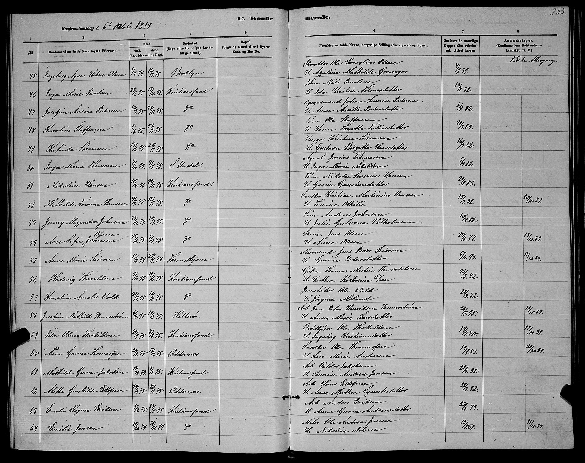 Kristiansand domprosti, AV/SAK-1112-0006/F/Fb/L0016: Parish register (copy) no. B 16, 1881-1893, p. 253