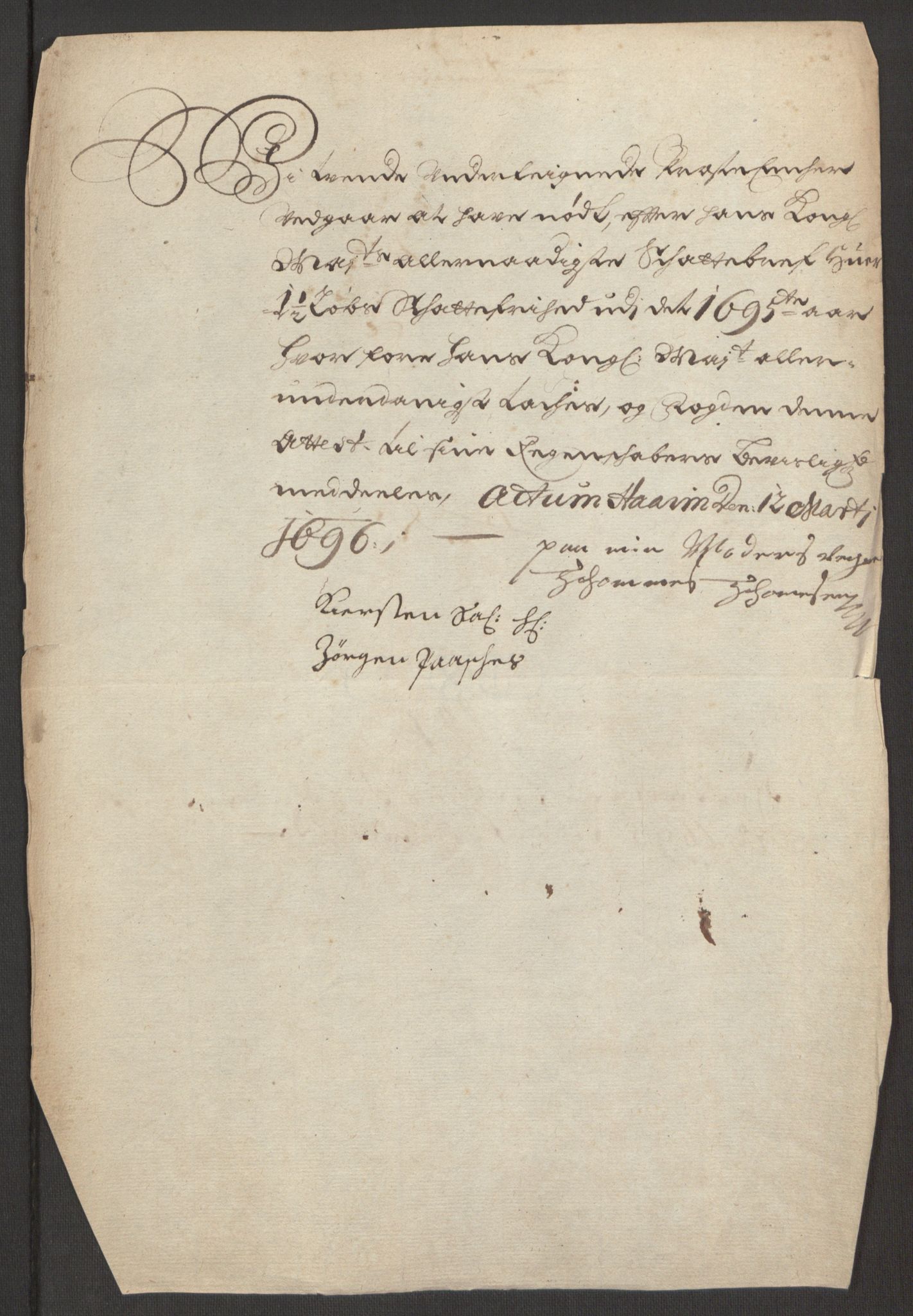 Rentekammeret inntil 1814, Reviderte regnskaper, Fogderegnskap, AV/RA-EA-4092/R48/L2976: Fogderegnskap Sunnhordland og Hardanger, 1695-1696, p. 174