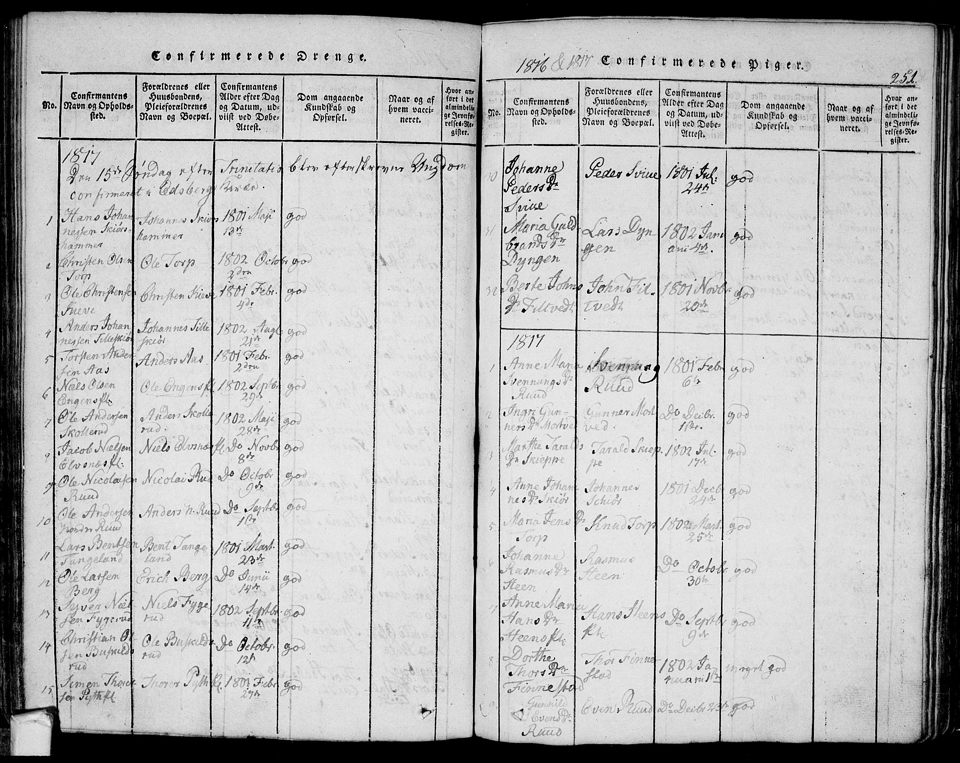 Eidsberg prestekontor Kirkebøker, SAO/A-10905/F/Fa/L0007: Parish register (official) no. I 7, 1814-1832, p. 251