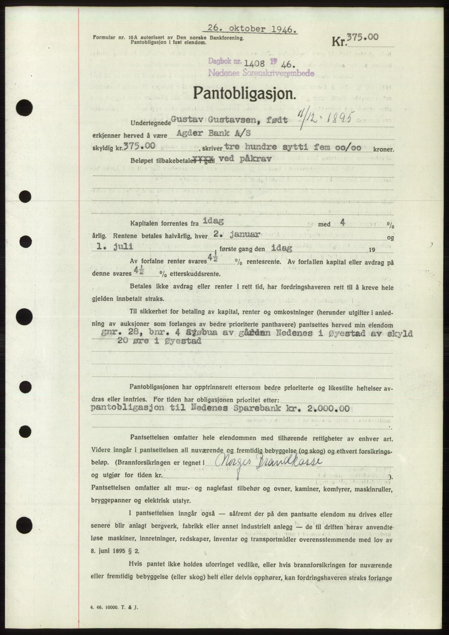 Nedenes sorenskriveri, SAK/1221-0006/G/Gb/Gbb/L0003: Mortgage book no. B3b, 1946-1946, Diary no: : 1408/1946