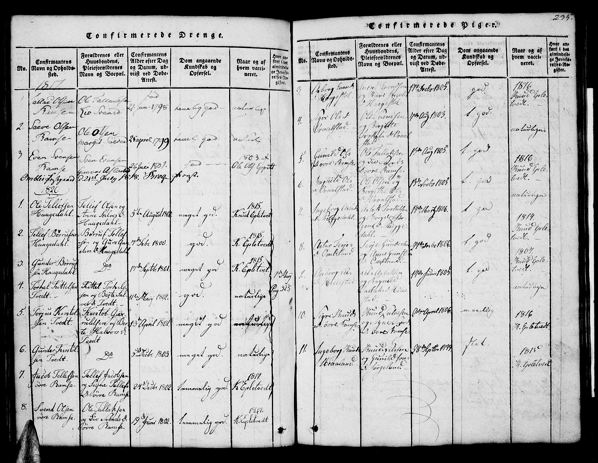 Åmli sokneprestkontor, AV/SAK-1111-0050/F/Fb/Fbb/L0001: Parish register (copy) no. B 1, 1816-1889, p. 235