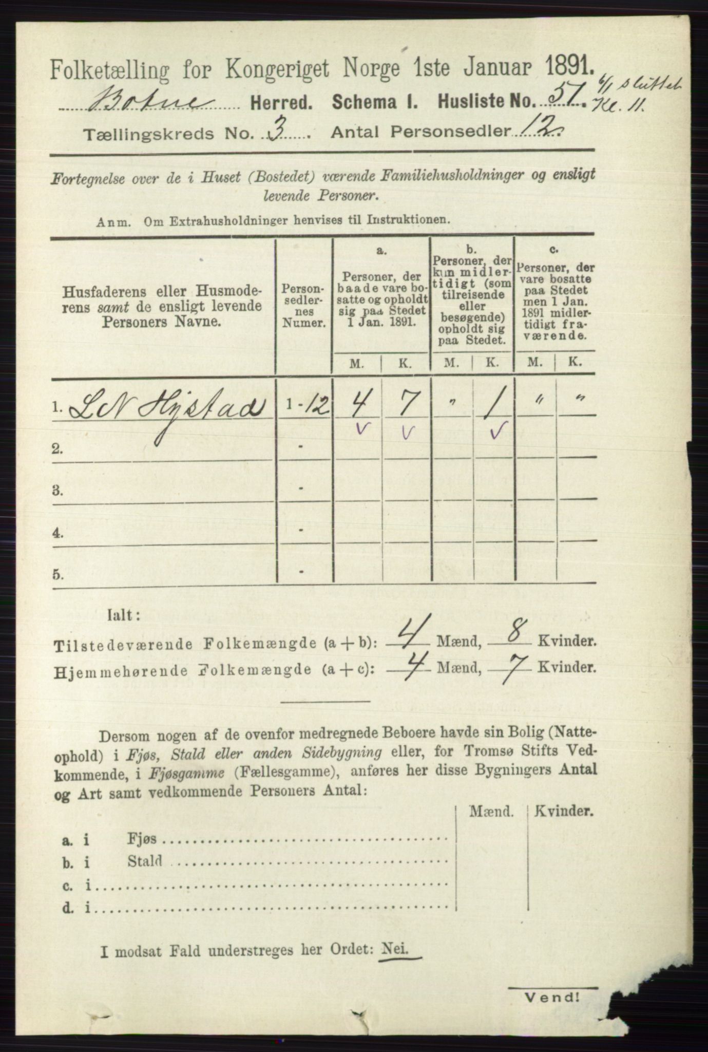 RA, 1891 census for 0715 Botne, 1891, p. 1215