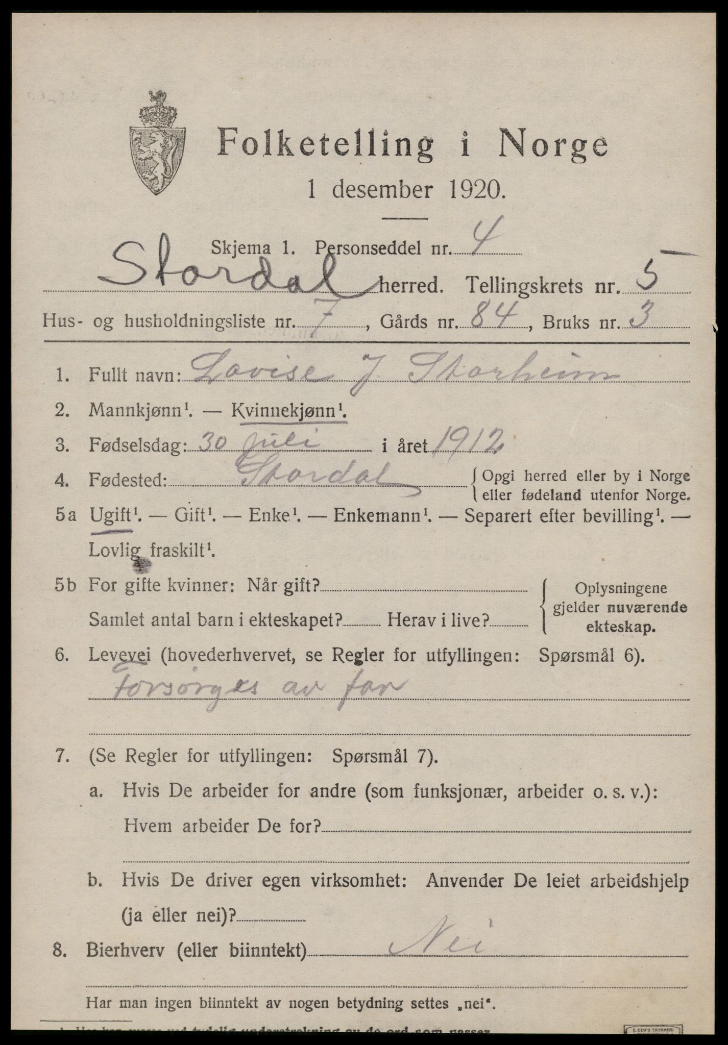 SAT, 1920 census for Stordal, 1920, p. 1620