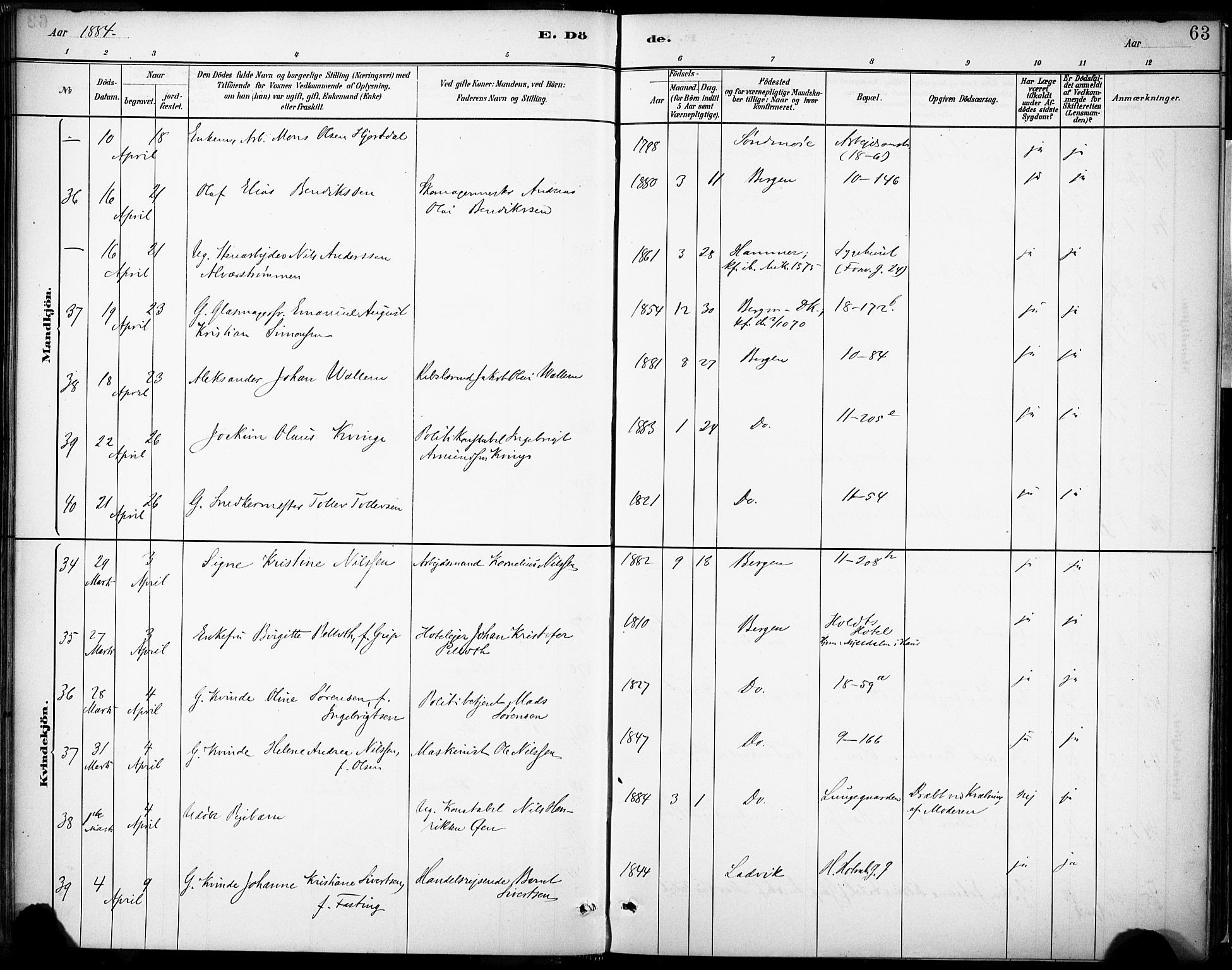 Domkirken sokneprestembete, AV/SAB-A-74801/H/Haa/L0043: Parish register (official) no. E 5, 1882-1904, p. 63