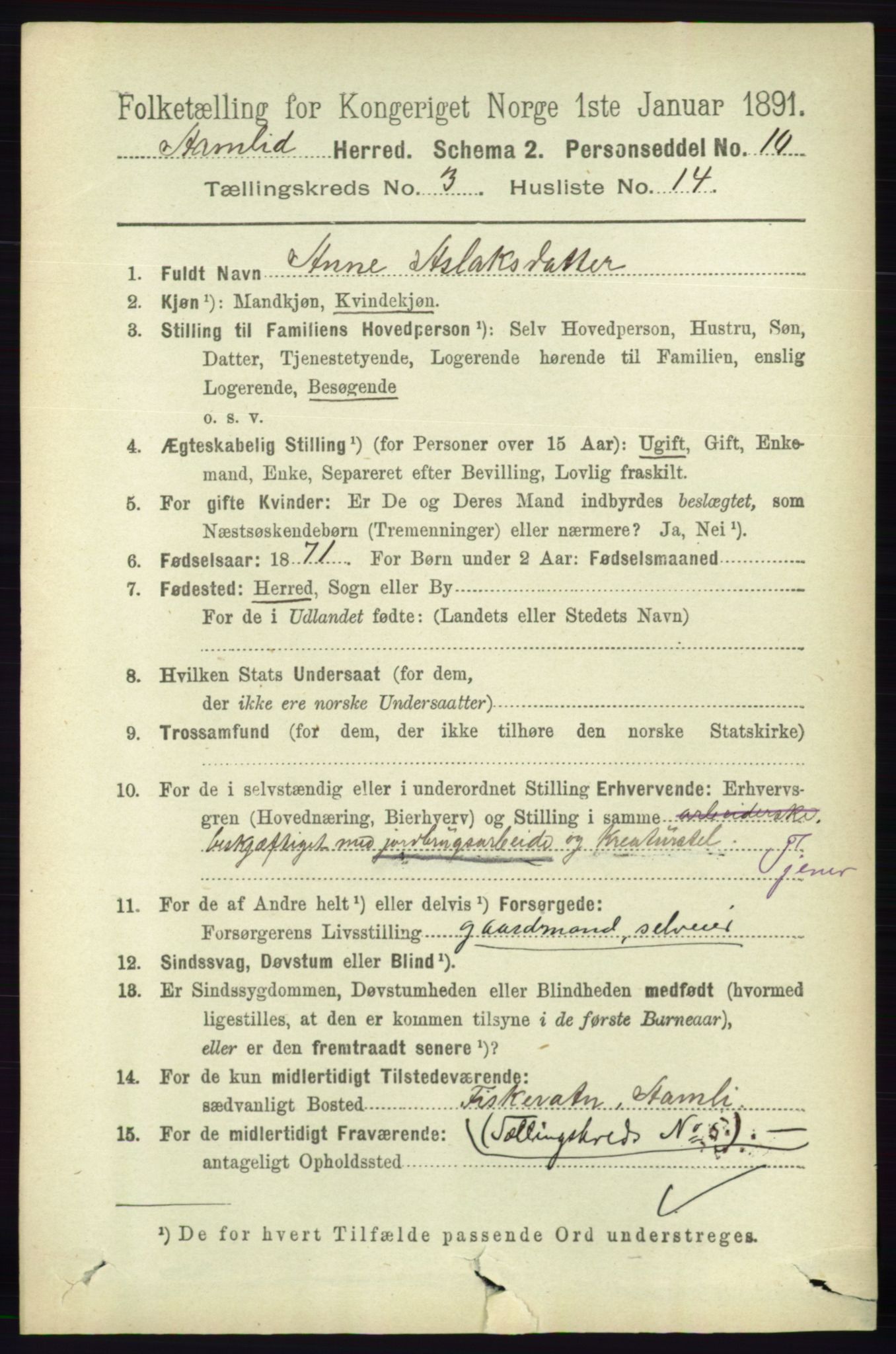 RA, 1891 census for 0929 Åmli, 1891, p. 408