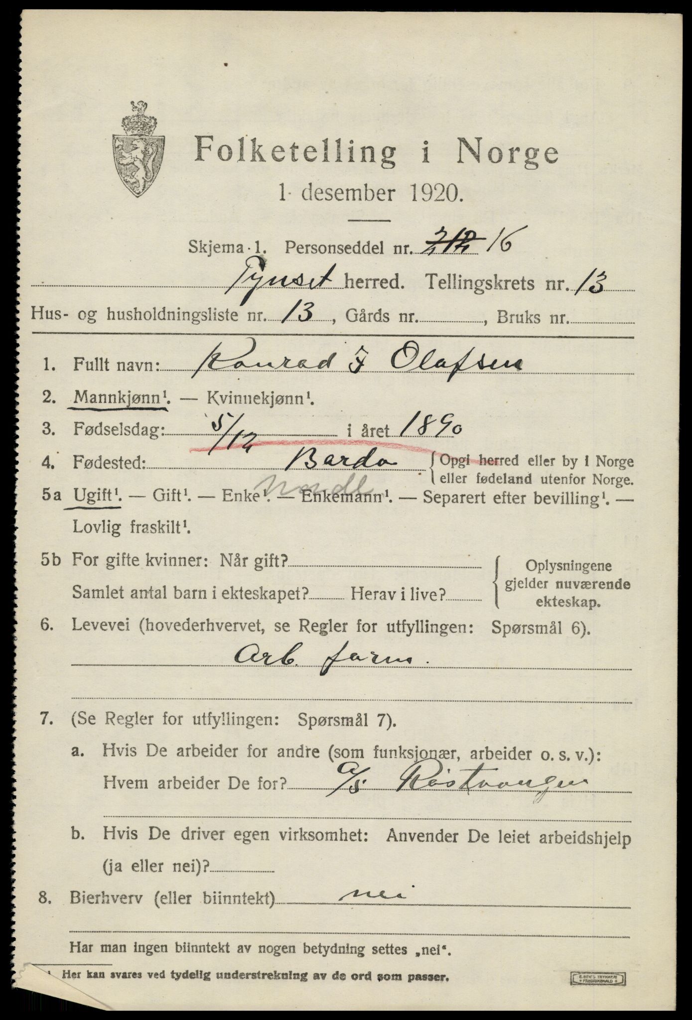 SAH, 1920 census for Tynset, 1920, p. 8922