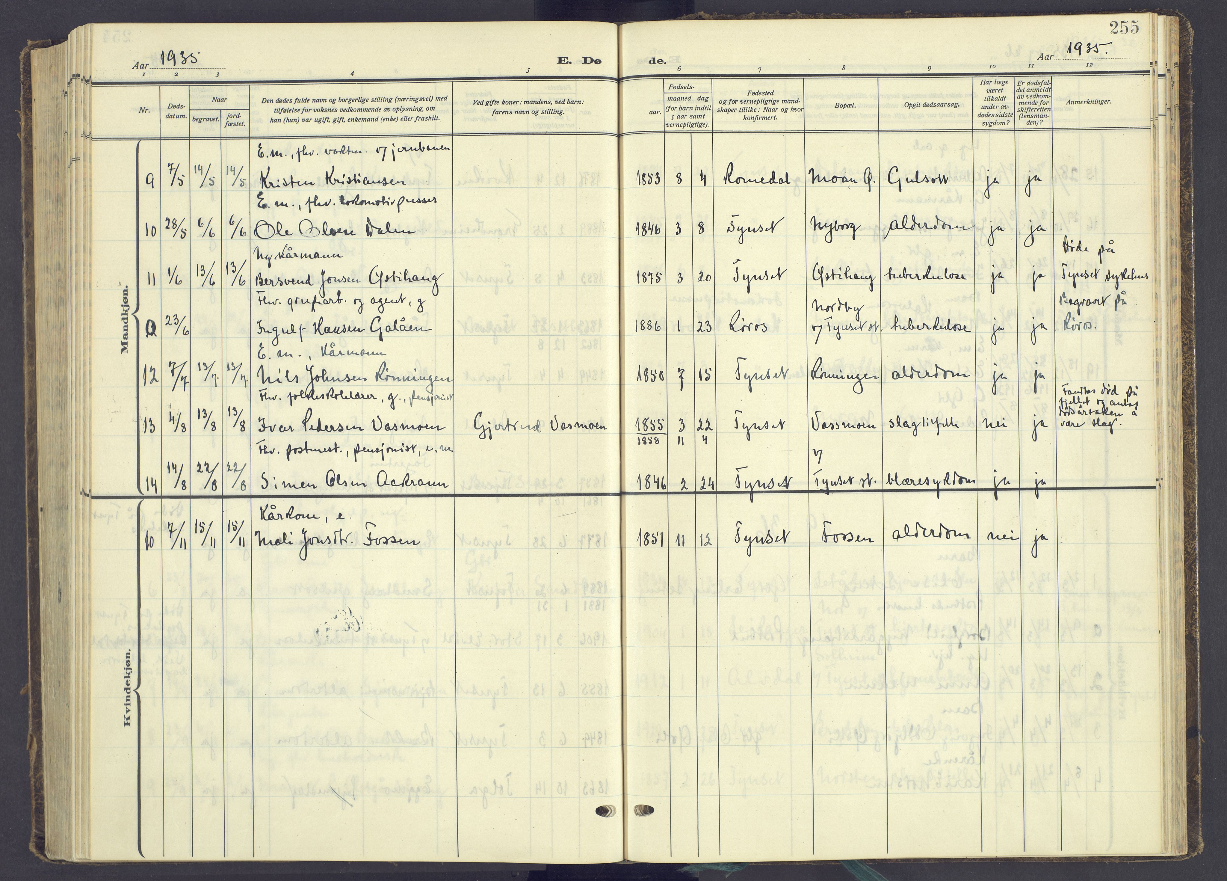 Tynset prestekontor, AV/SAH-PREST-058/H/Ha/Haa/L0027: Parish register (official) no. 27, 1930-1944, p. 255