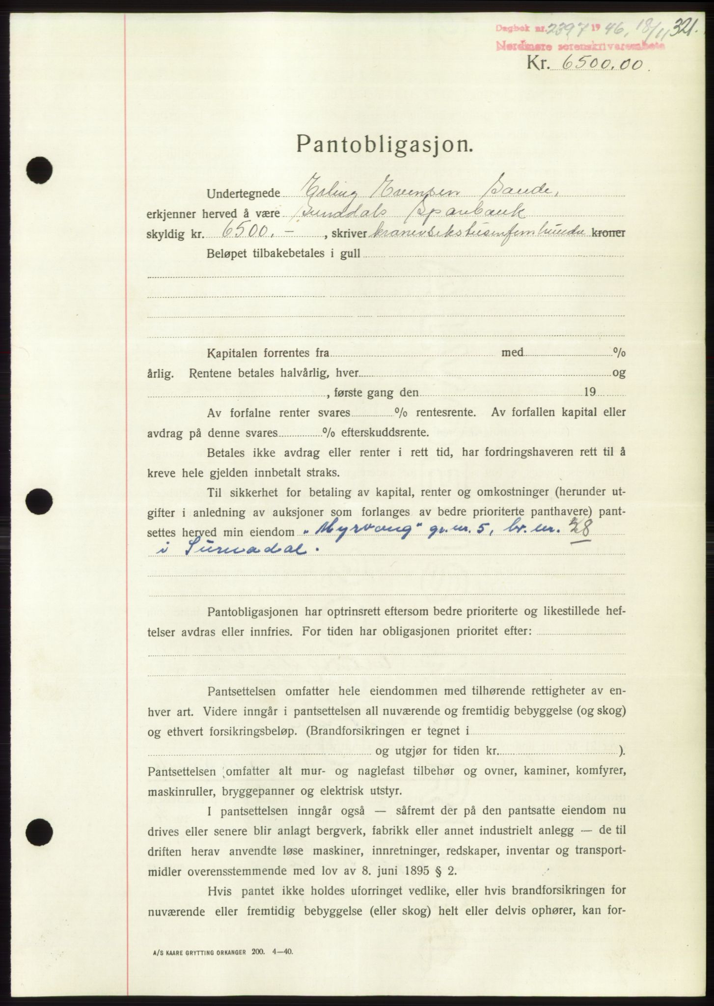 Nordmøre sorenskriveri, AV/SAT-A-4132/1/2/2Ca: Mortgage book no. B95, 1946-1947, Diary no: : 2397/1946