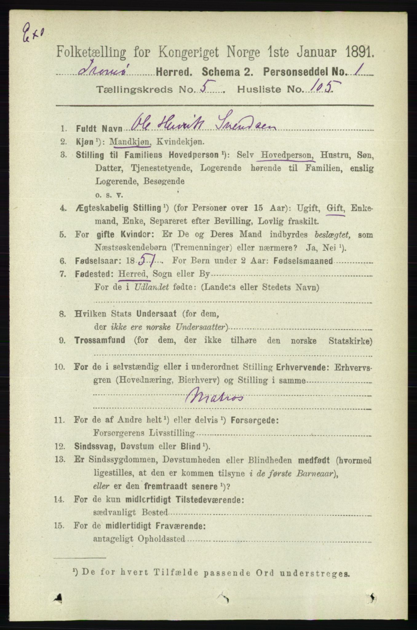 RA, Census 1891 for Nedenes amt: Gjenparter av personsedler for beslektede ektefeller, menn, 1891, p. 581