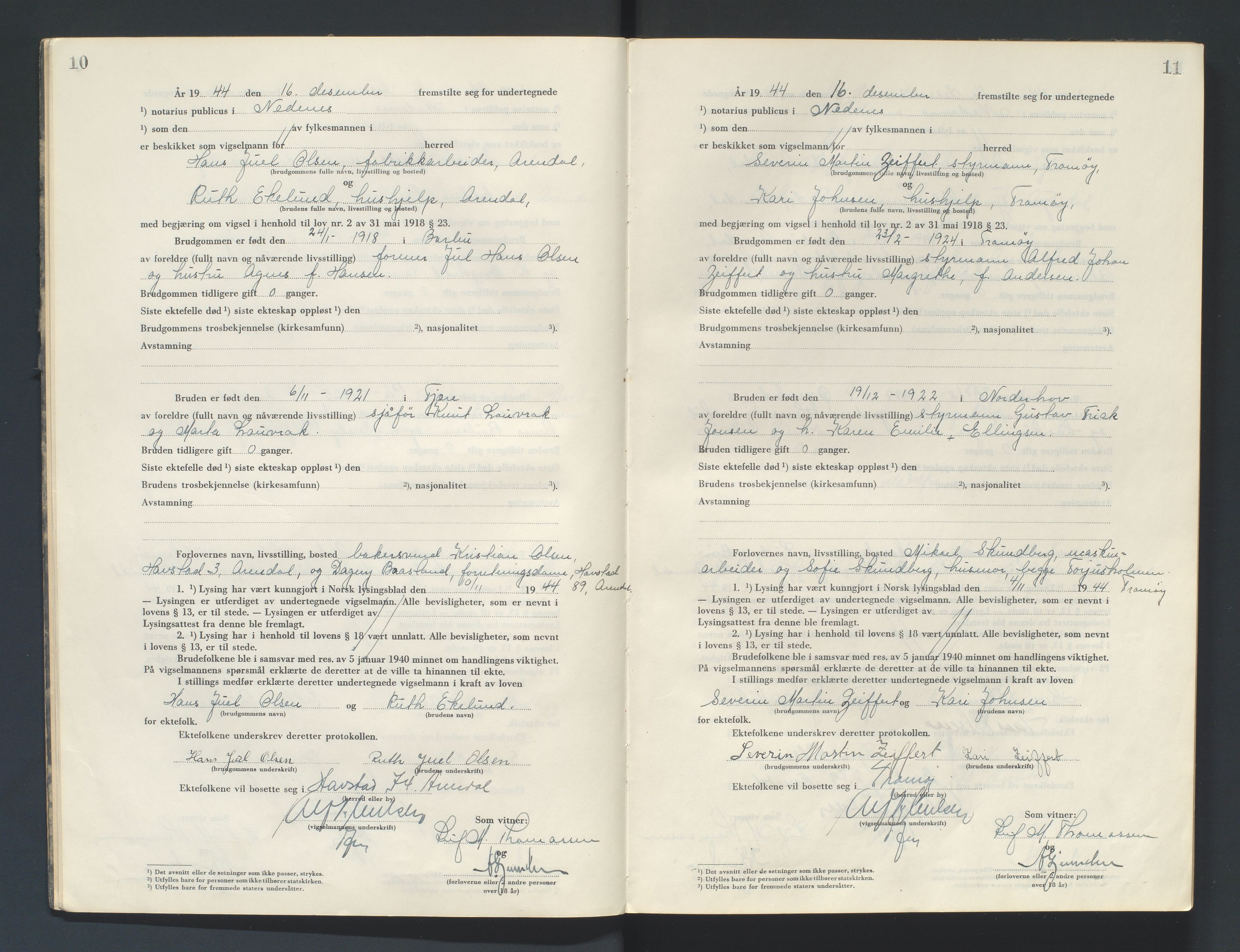 Nedenes sorenskriveri, SAK/1221-0006/L/Ld/L0002/0004: Vigselsbøker / Vigselbok, 1944-1948, p. 10-11