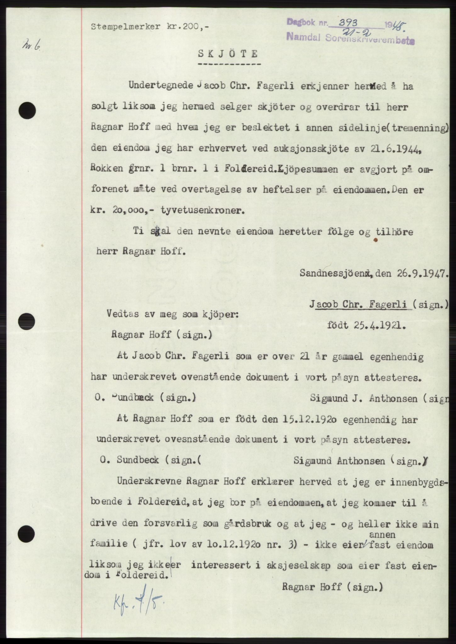 Namdal sorenskriveri, SAT/A-4133/1/2/2C: Mortgage book no. -, 1947-1948, Diary no: : 393/1948