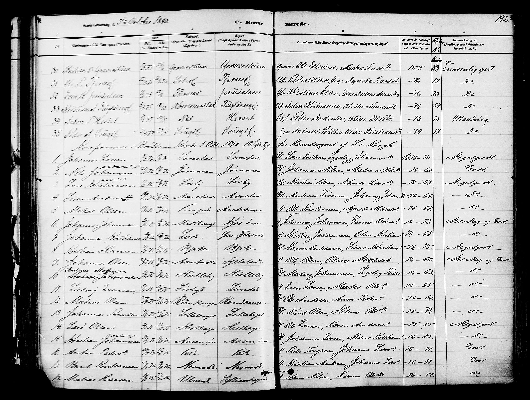 Ringsaker prestekontor, AV/SAH-PREST-014/K/Ka/L0012: Parish register (official) no. 12, 1879-1890, p. 192