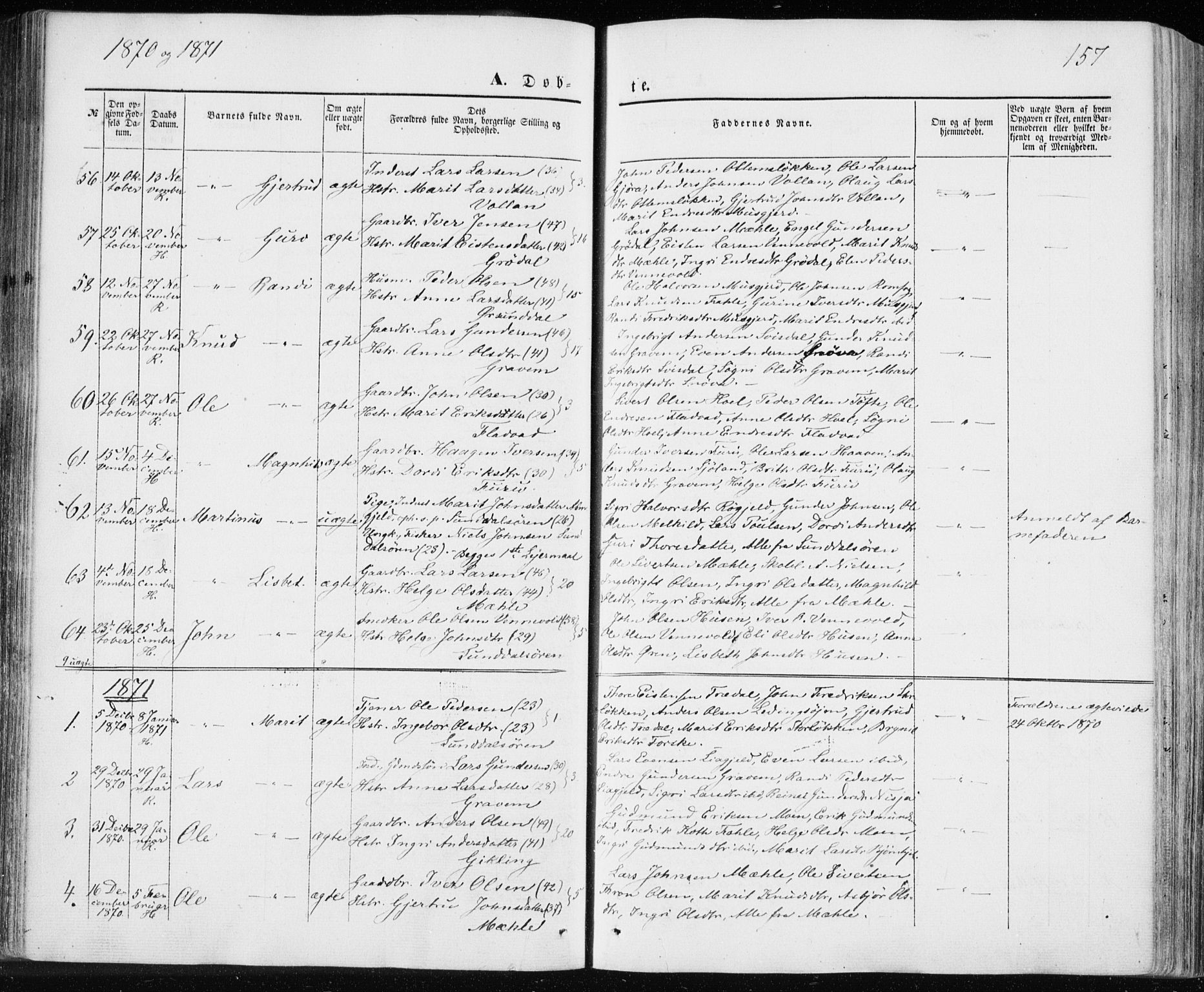 Ministerialprotokoller, klokkerbøker og fødselsregistre - Møre og Romsdal, AV/SAT-A-1454/590/L1013: Parish register (official) no. 590A05, 1847-1877, p. 157