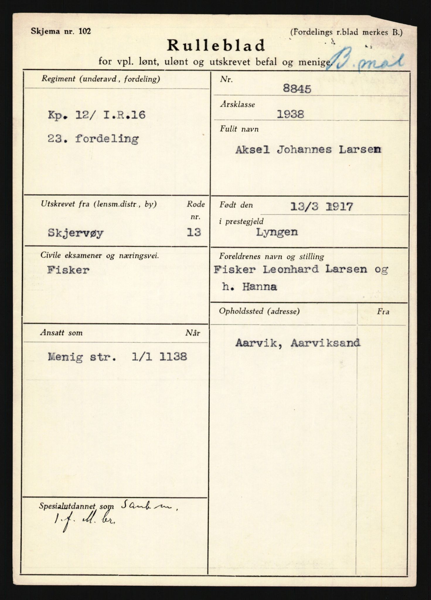 Forsvaret, Troms infanteriregiment nr. 16, AV/RA-RAFA-3146/P/Pa/L0022: Rulleblad for regimentets menige mannskaper, årsklasse 1938, 1938, p. 889