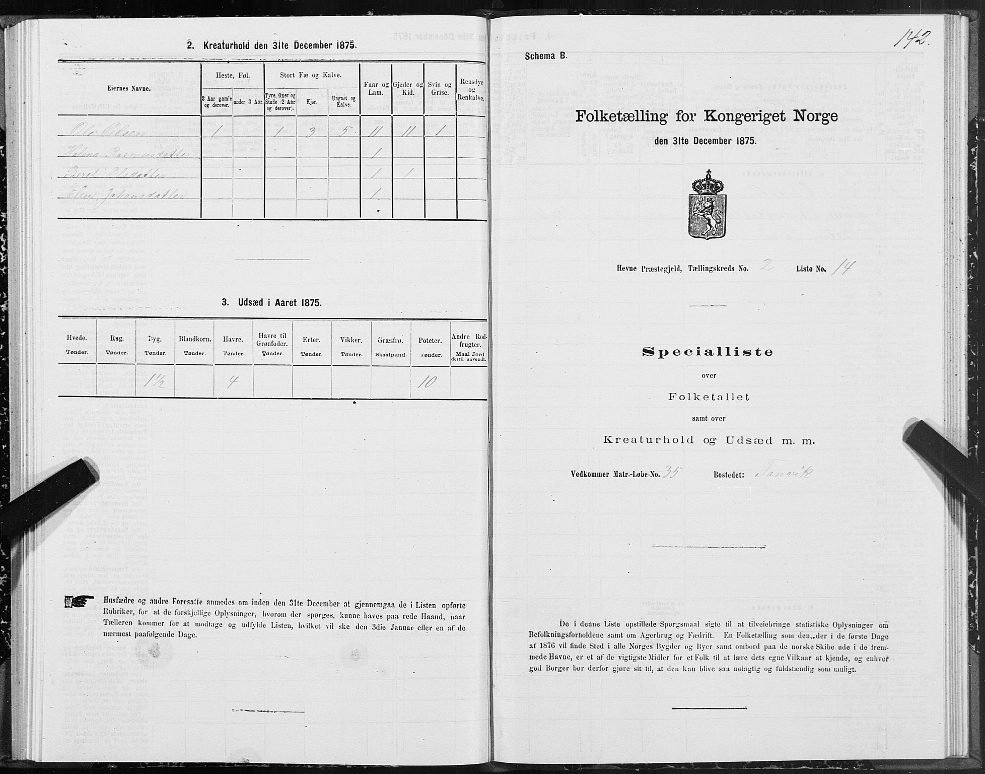 SAT, 1875 census for 1612P Hemne, 1875, p. 1142