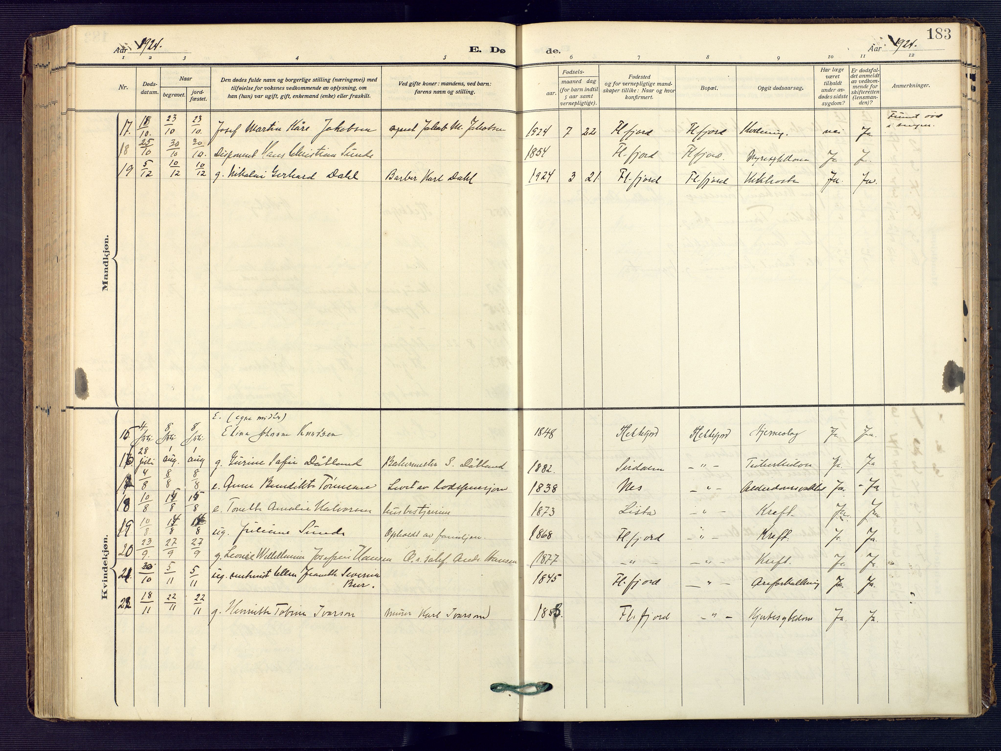 Flekkefjord sokneprestkontor, AV/SAK-1111-0012/F/Fa/Faa/L0003: Parish register (official) no. A 3, 1913-1928, p. 183