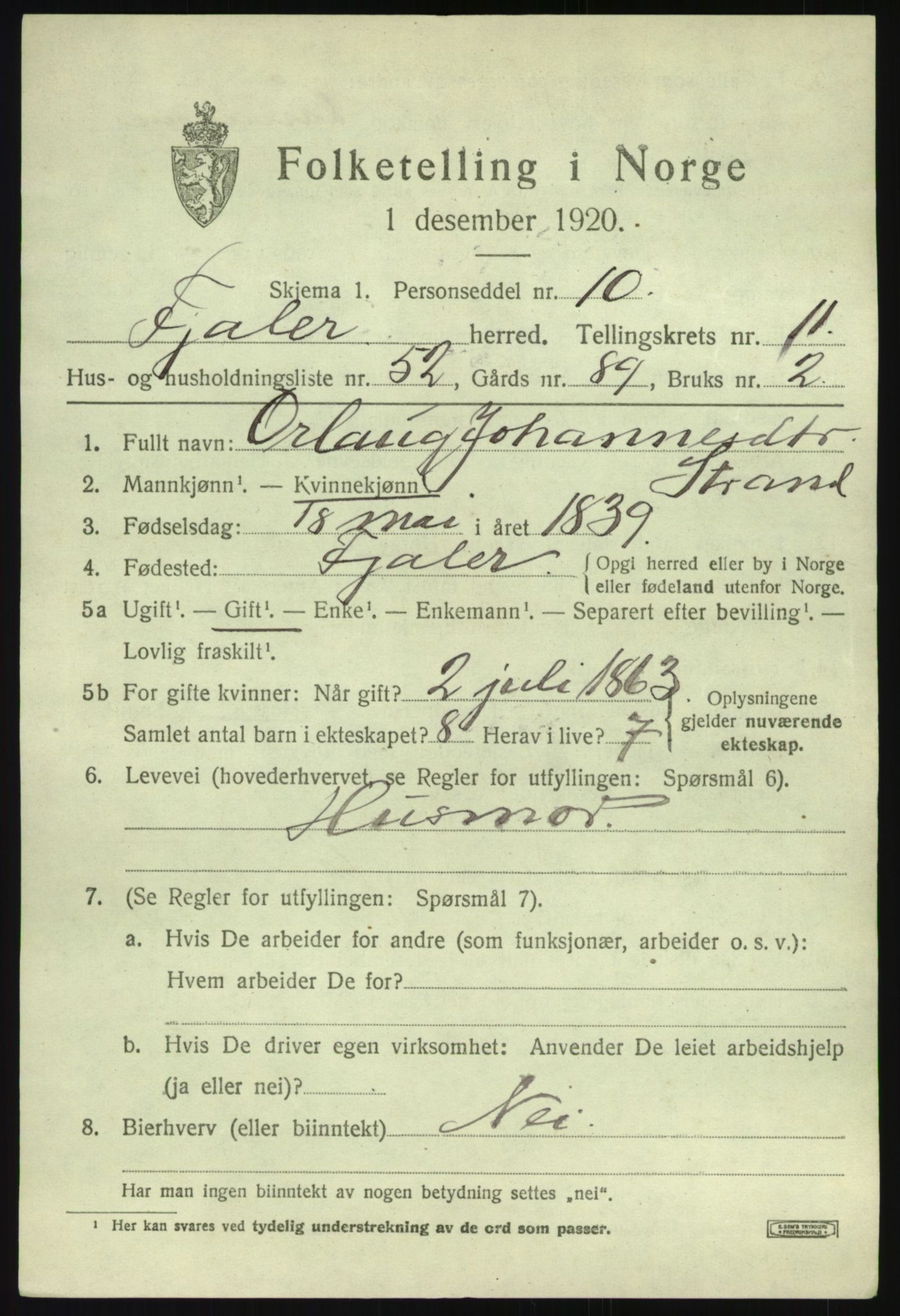 SAB, 1920 census for Fjaler, 1920, p. 6763