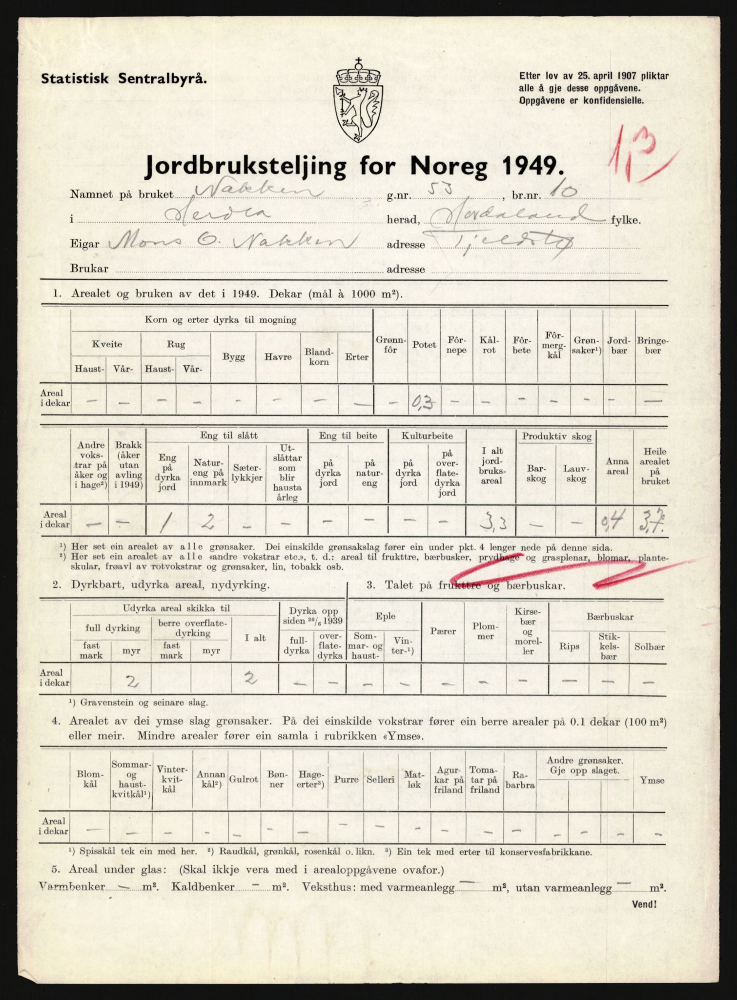 Statistisk sentralbyrå, Næringsøkonomiske emner, Jordbruk, skogbruk, jakt, fiske og fangst, AV/RA-S-2234/G/Gc/L0276: Hordaland: Herdla og Hjelme, 1949, p. 116