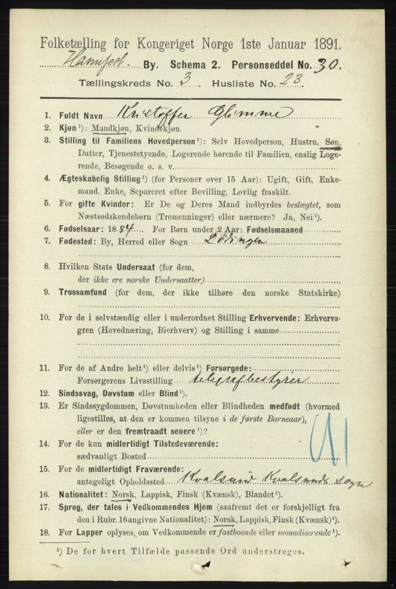 RA, 1891 census for 2001 Hammerfest, 1891, p. 852