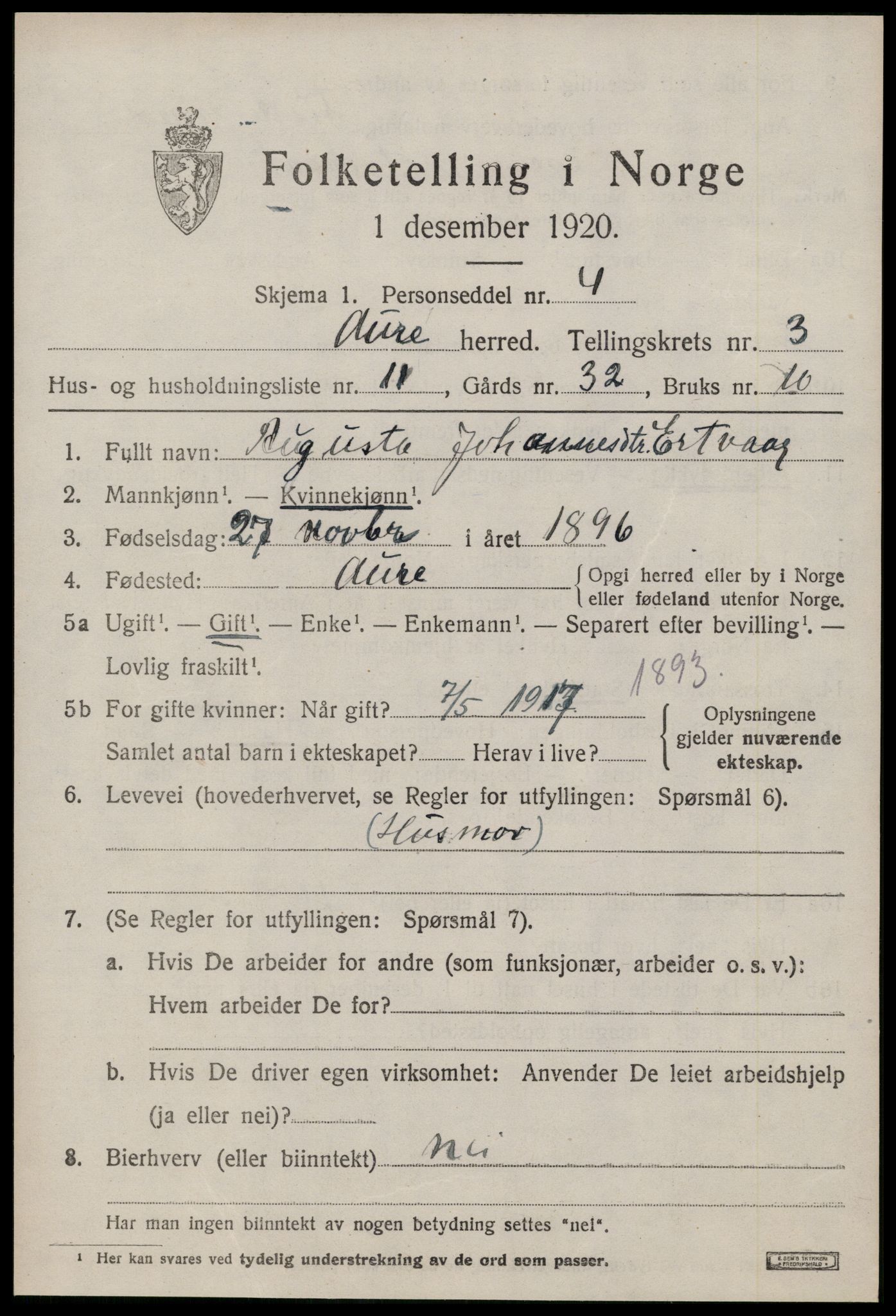 SAT, 1920 census for Aure, 1920, p. 1804