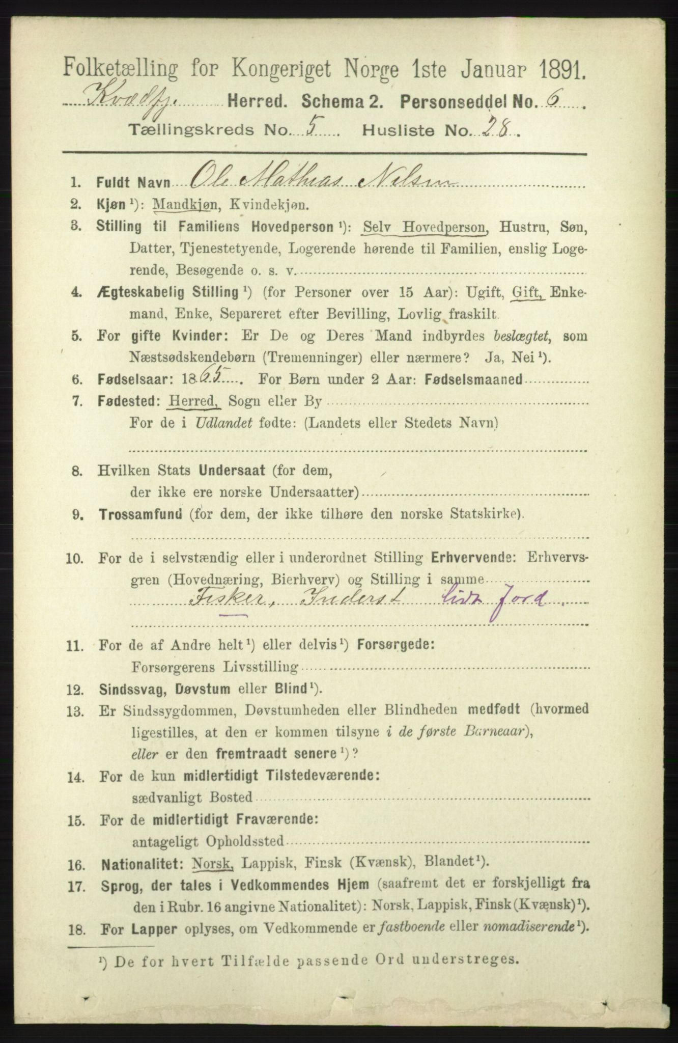 RA, 1891 census for 1911 Kvæfjord, 1891, p. 3037