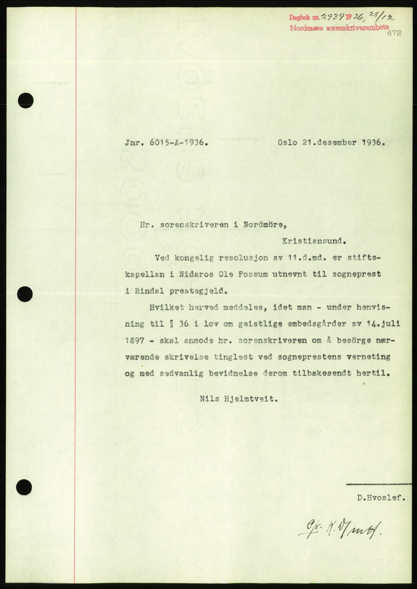 Nordmøre sorenskriveri, AV/SAT-A-4132/1/2/2Ca/L0090: Mortgage book no. B80, 1936-1937, Diary no: : 2939/1936