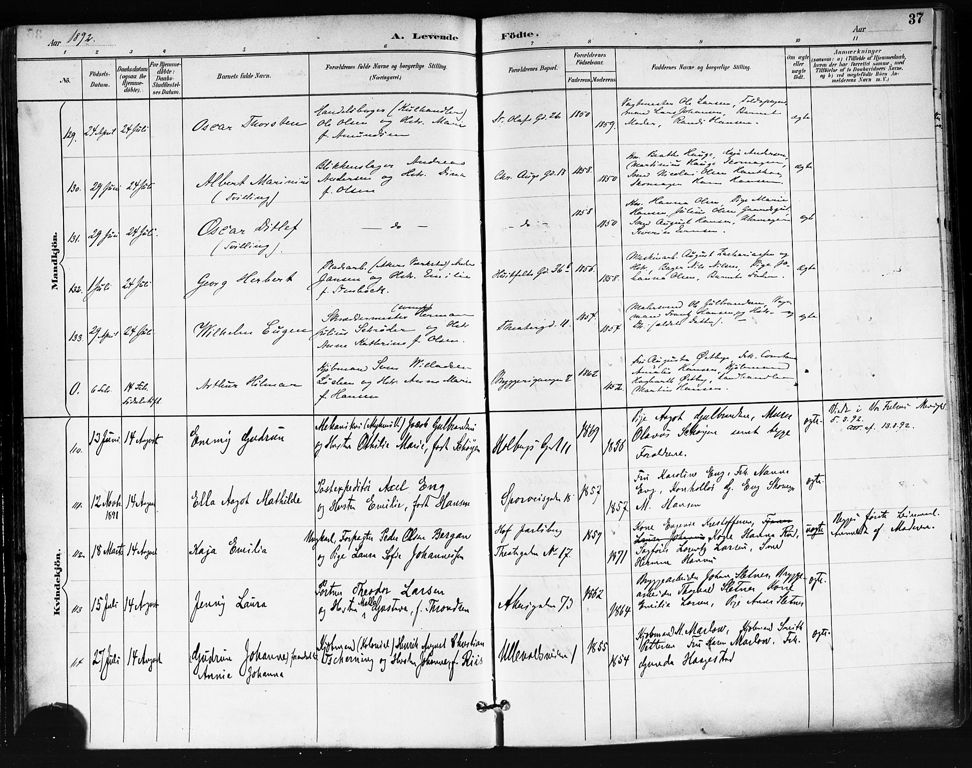 Trefoldighet prestekontor Kirkebøker, SAO/A-10882/F/Fa/L0006: Parish register (official) no. I 6, 1891-1899, p. 37
