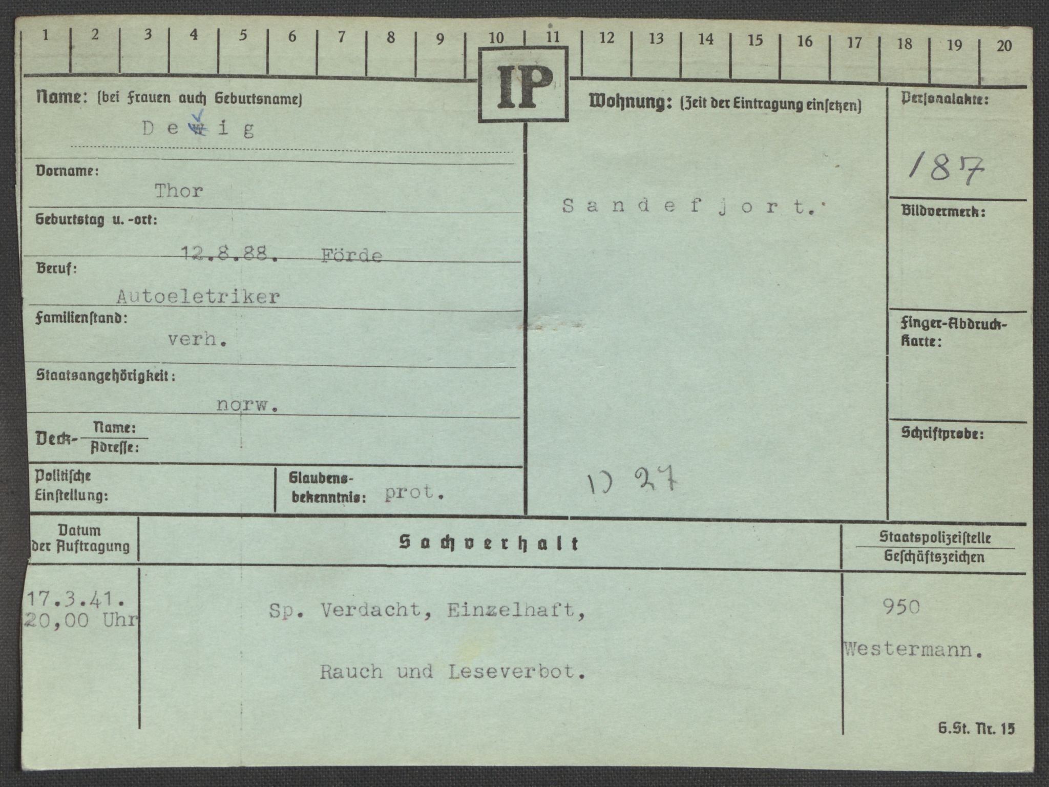 Befehlshaber der Sicherheitspolizei und des SD, AV/RA-RAFA-5969/E/Ea/Eaa/L0002: Register over norske fanger i Møllergata 19: Bj-Eng, 1940-1945, p. 1013