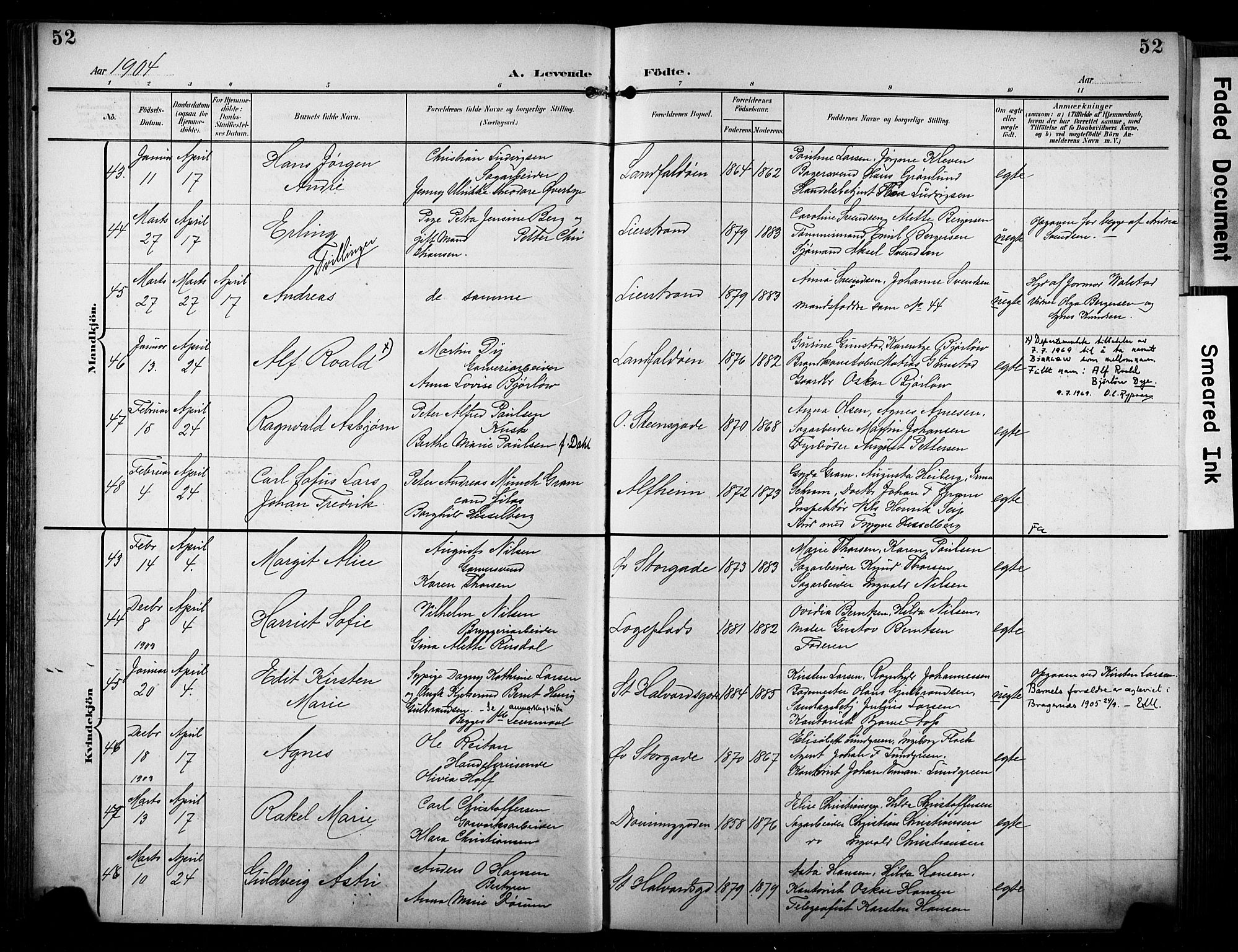 Bragernes kirkebøker, AV/SAKO-A-6/F/Fb/L0009: Parish register (official) no. II 9, 1902-1911, p. 52